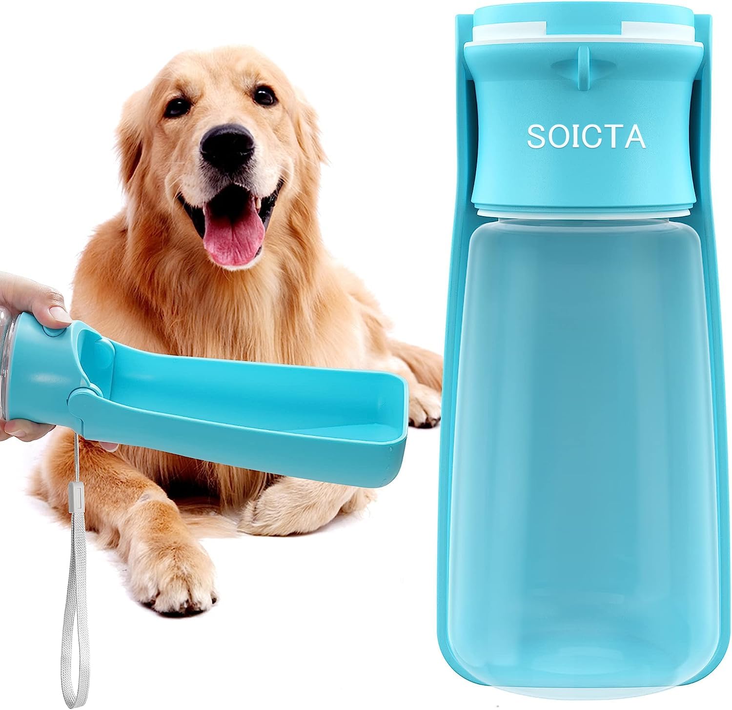 Botella SOICTA para perros portátil de 19oz azul, ideal para paseos largos.