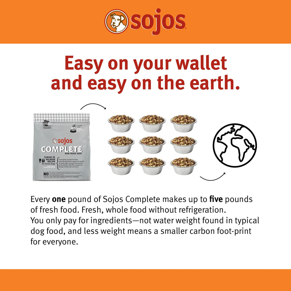 Sojos Complete pavo-salmón senior, ingredientes de granja fresca para dieta equilibrada.