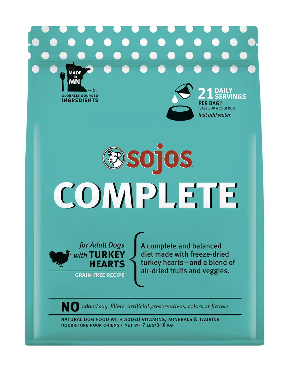 Sojos Complete Pavo Deshidratado Envase facilita almacenamiento y preparación rápida.