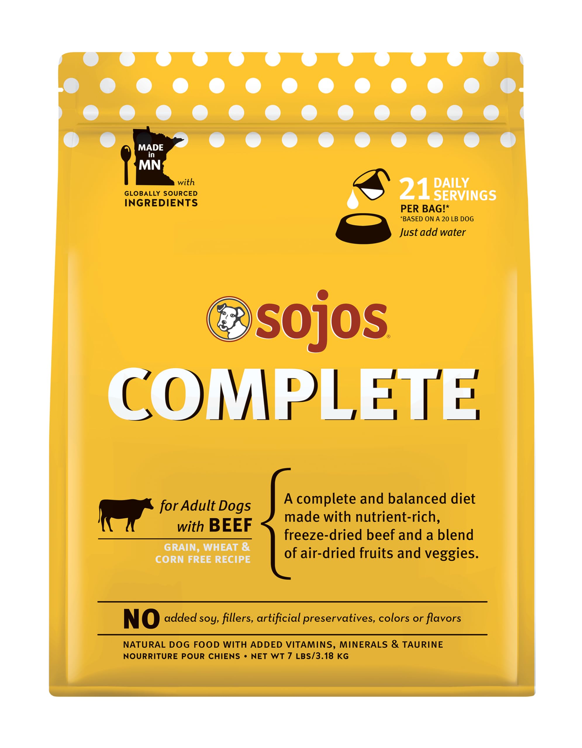 Sojos Receta completa de carne de res para perros, bolsa visible, lista para hidratar.