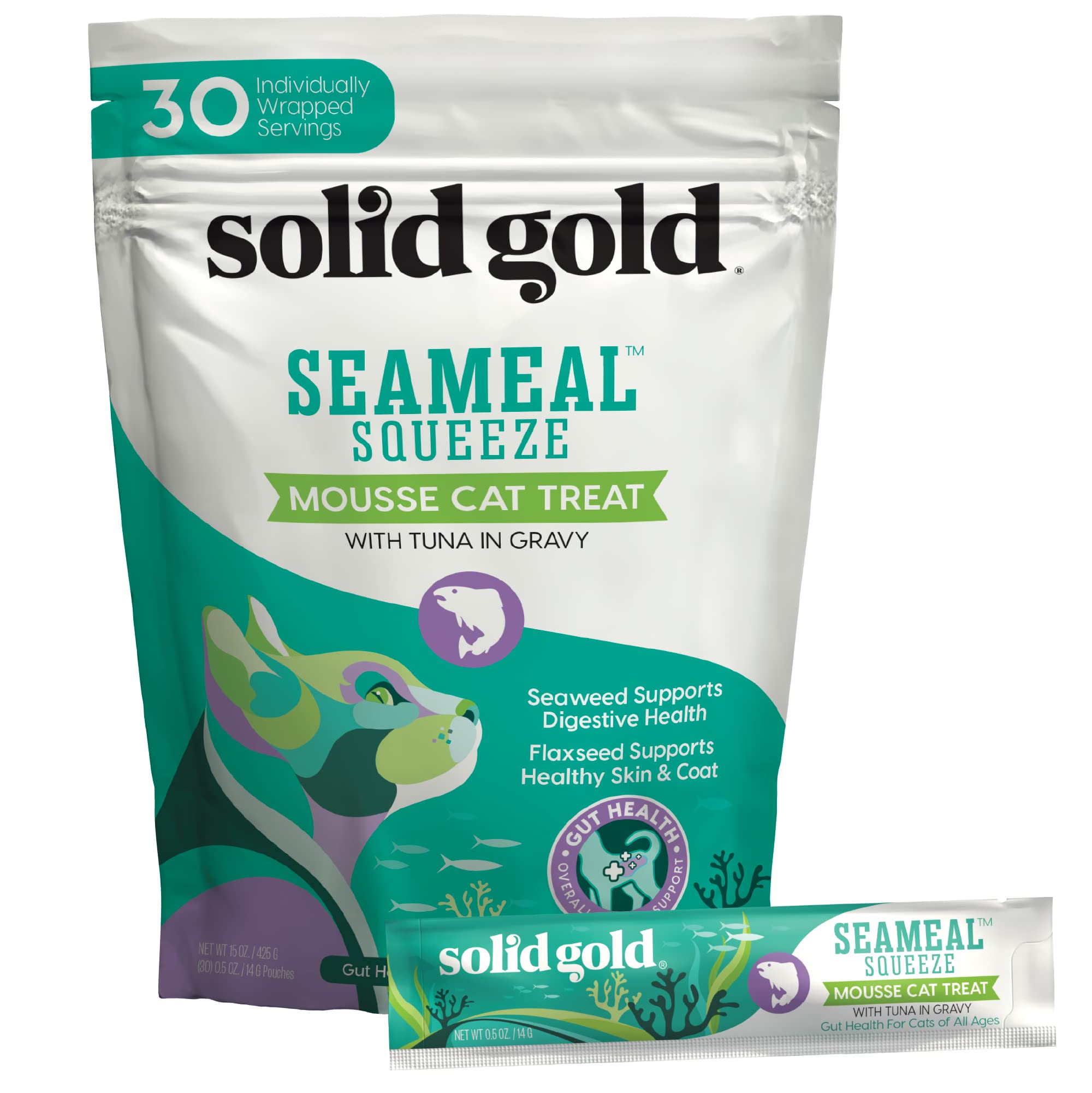 Solid Gold envase squeeze atún SeaMeal, snack cremoso para gatos de interior.