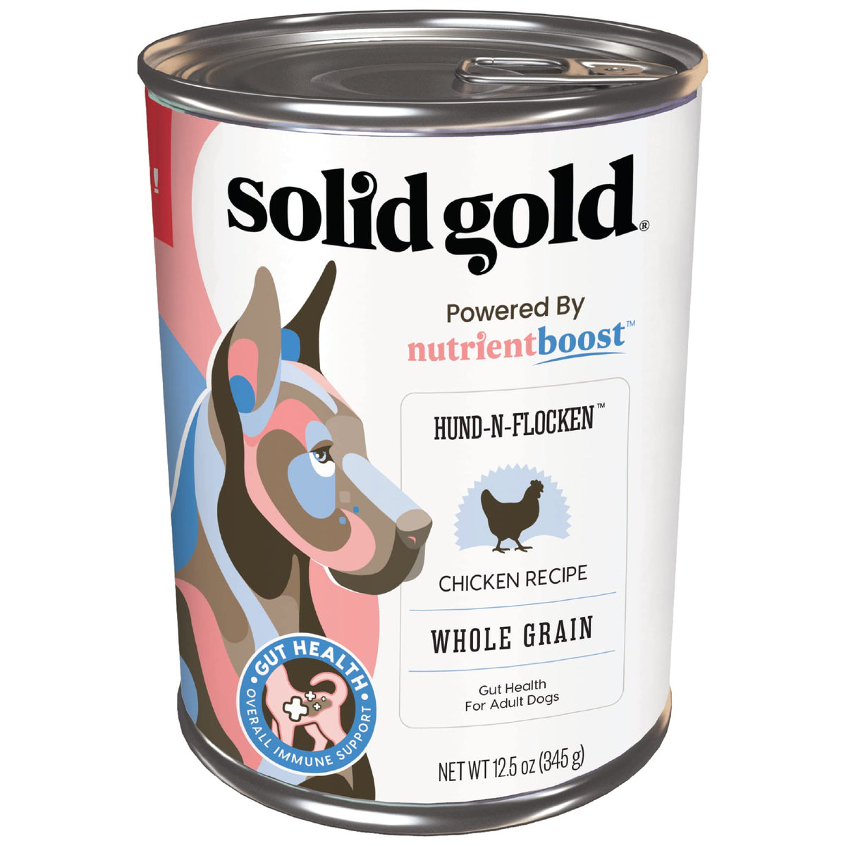 Solid Gold Hund-N-Flocken en lata abierta, ideal para la comida diaria de tu perro.
