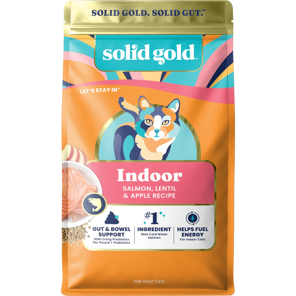 Solid Gold alimento seco para gatos de interior con salmón y digestión suave.