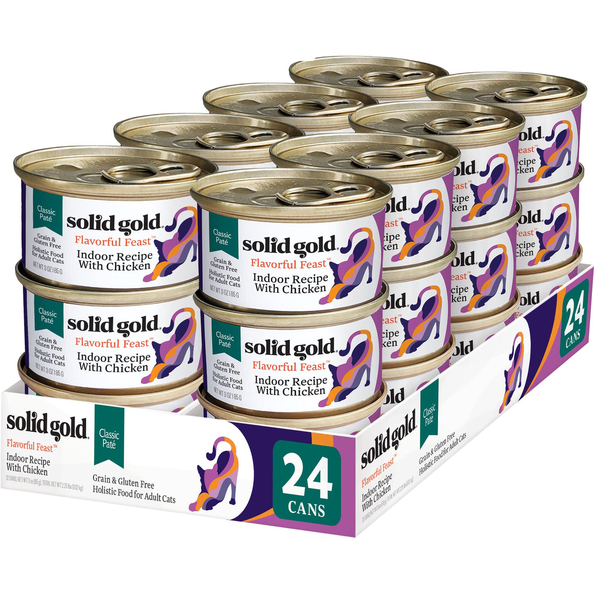 Solid Gold paté de pollo para gatos internos, con pollo real como primer ingrediente.