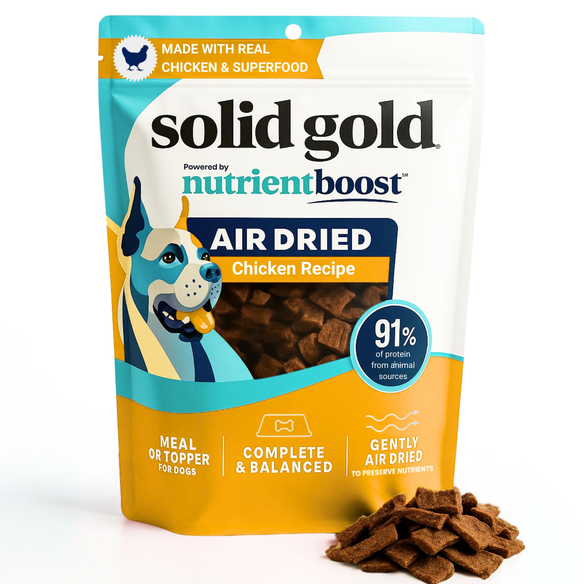 Solid Gold pollo real en toppers, complemento sabroso para la comida diaria de perros.