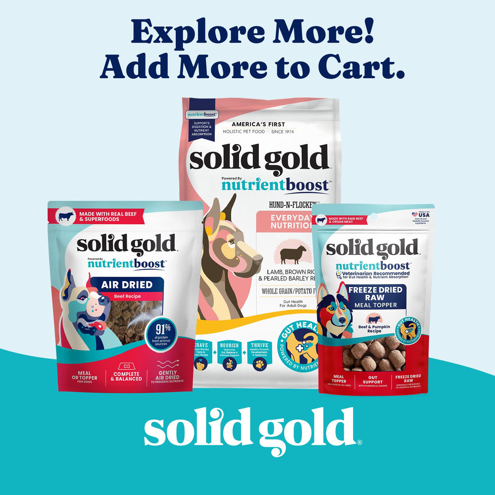 Solid Gold Protein Shreds Topper perro disfrutando la comida, paladar atractivo.