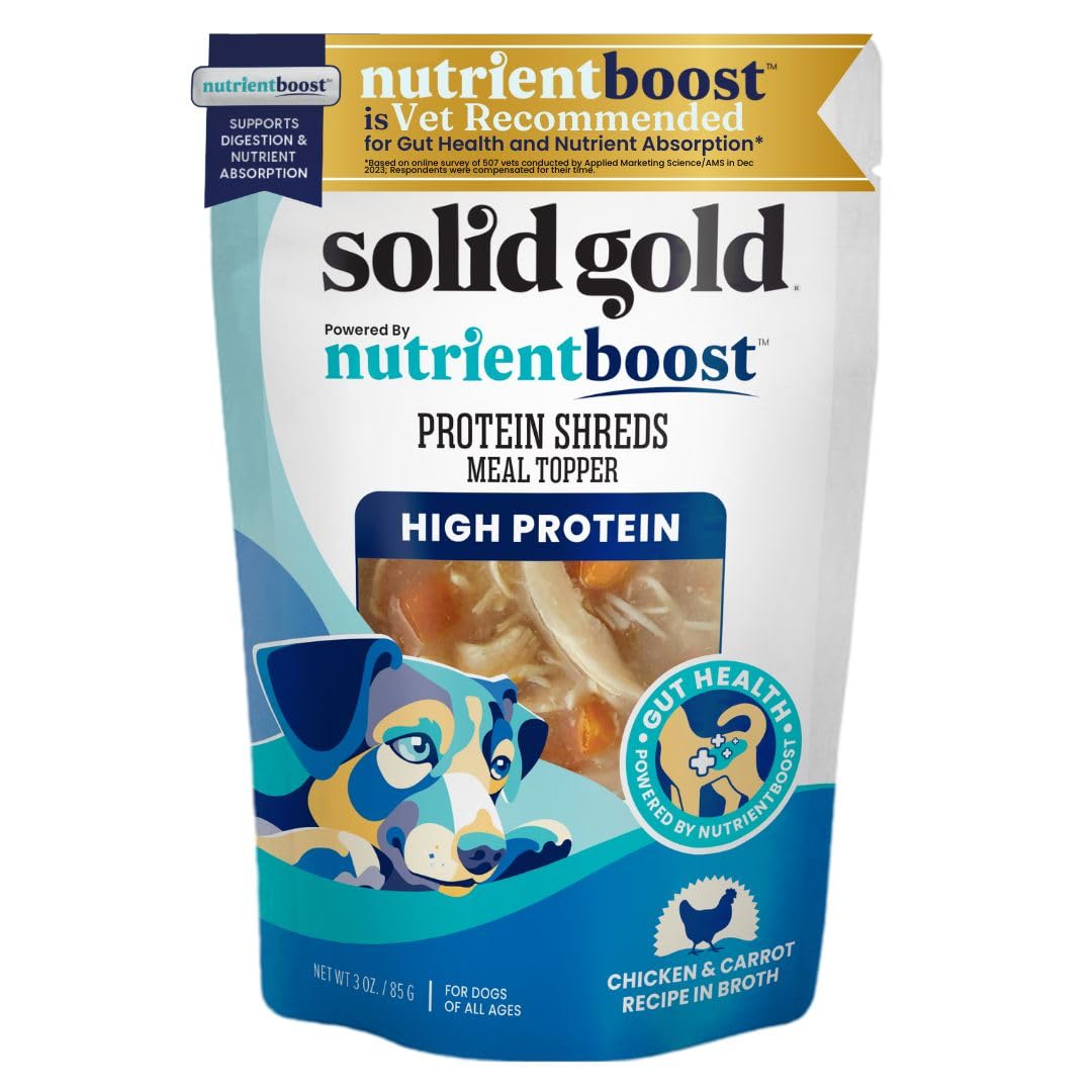 Solid Gold Protein Shreds Topper con pollo deshilachado en caldo para paladar exigente.