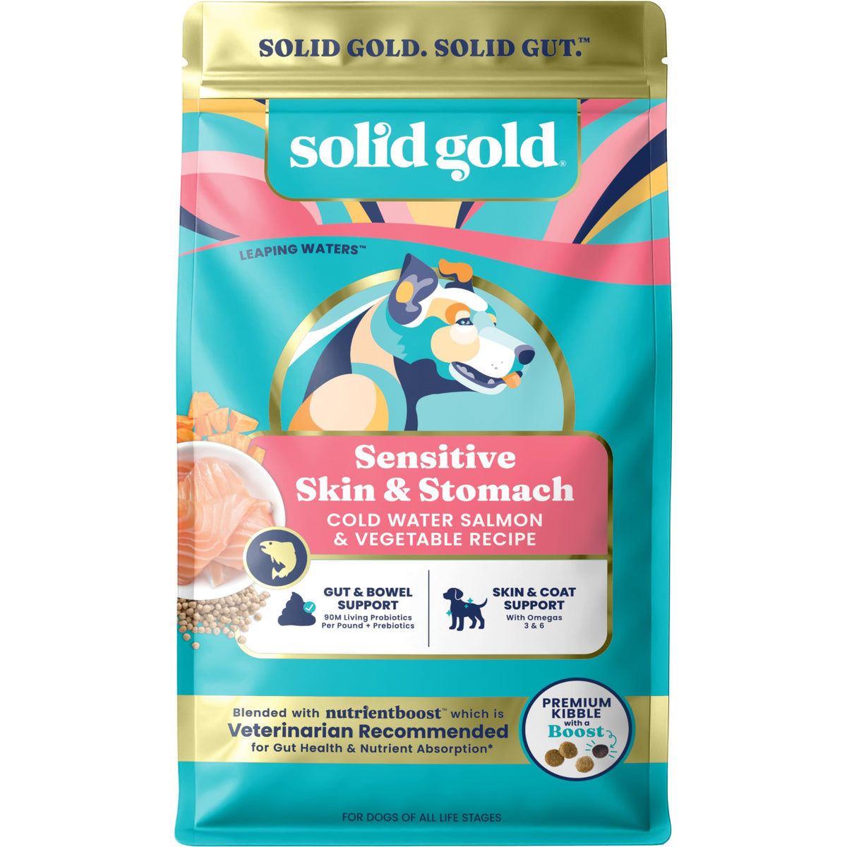 Solid Gold comida de salmón para perros en bolsa, ideal para estómagos sensibles.