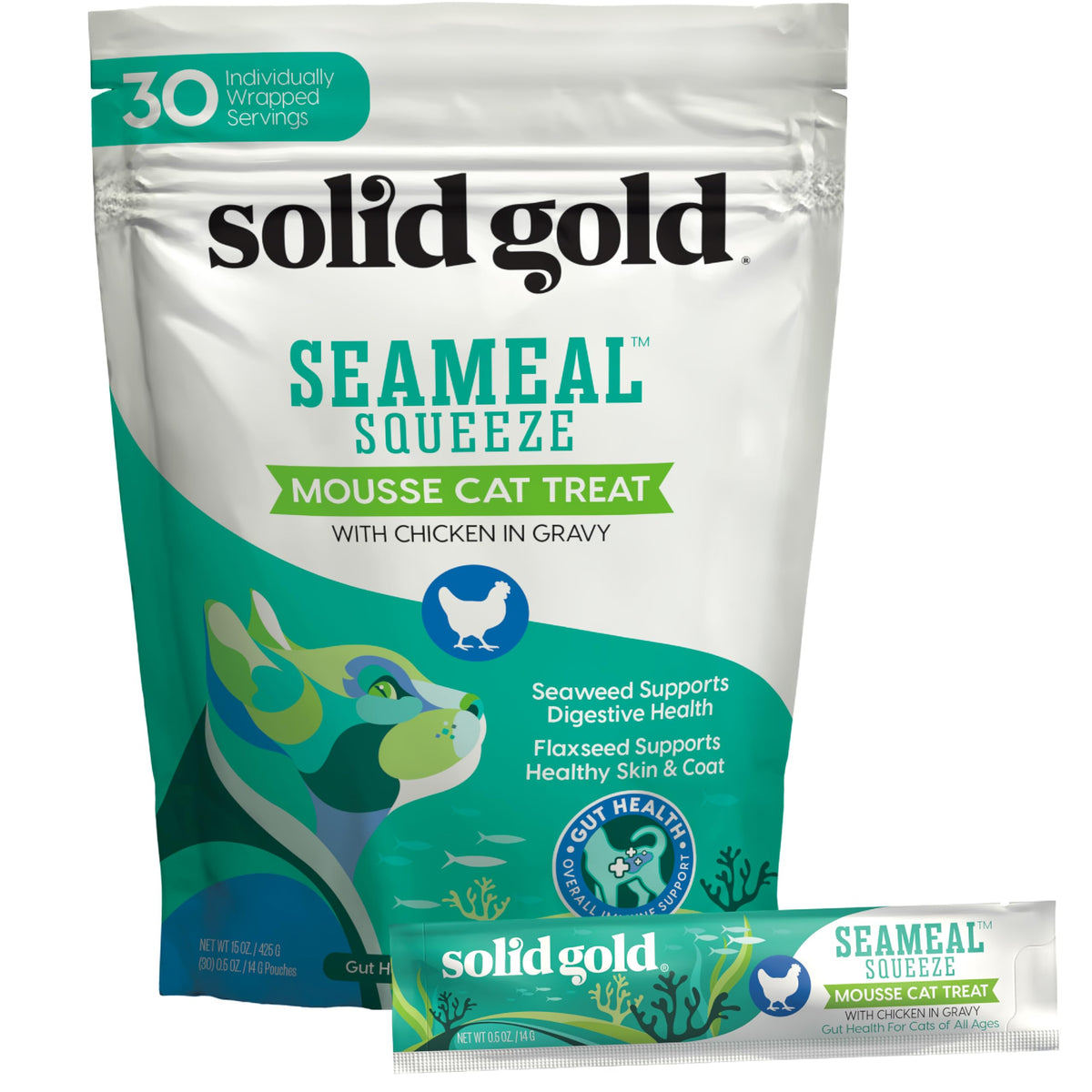 Solid Gold SeaMeal Squeeze: tubo cremoso para gatos indoor, snack práctico.