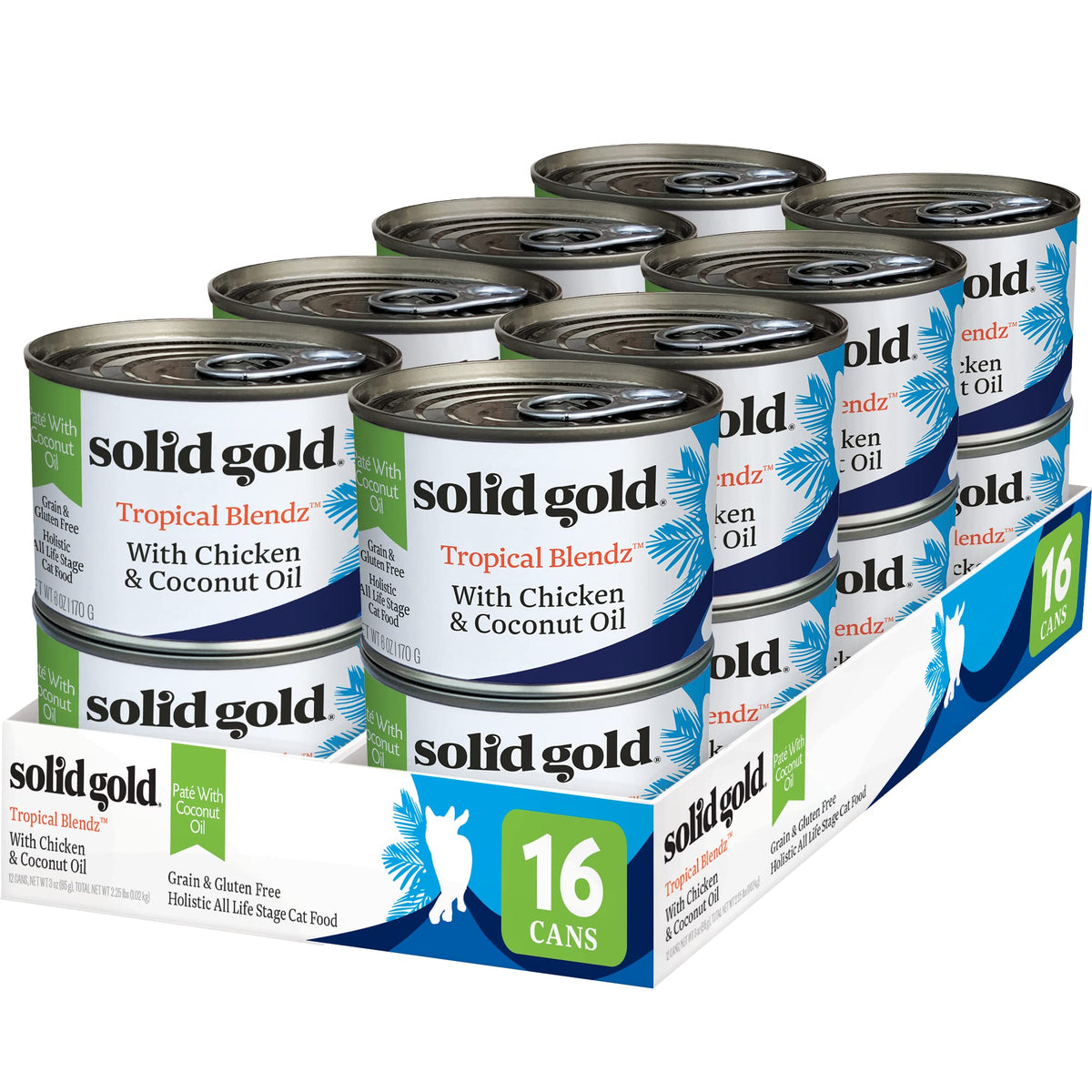 Solid Gold Tropical Blendz pate de pollo en aceite de coco para hidratar y nutrir.