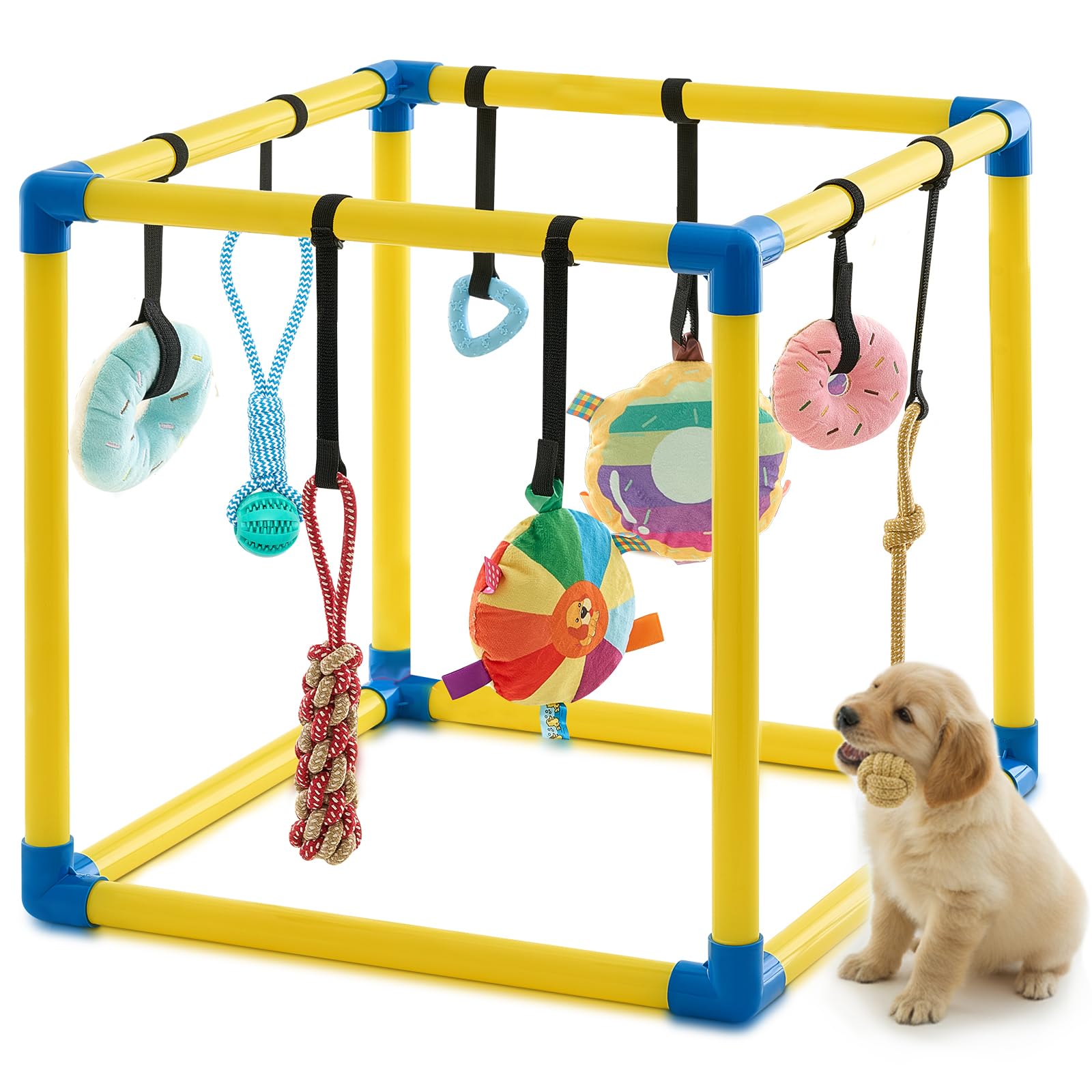 Soulchen Gimnasio para cachorros, cubo de 42 cm con juguetes colgantes para entretenimiento seguro en casa.