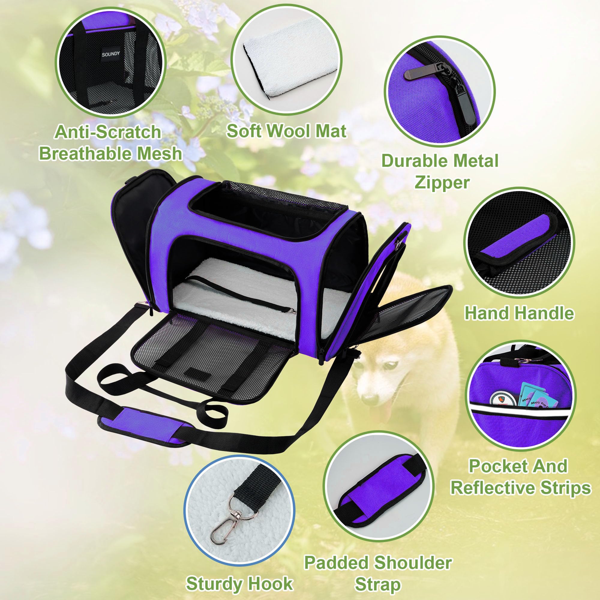 Soundy portamascotas, manija y correa ajustable para transporte cómodo.