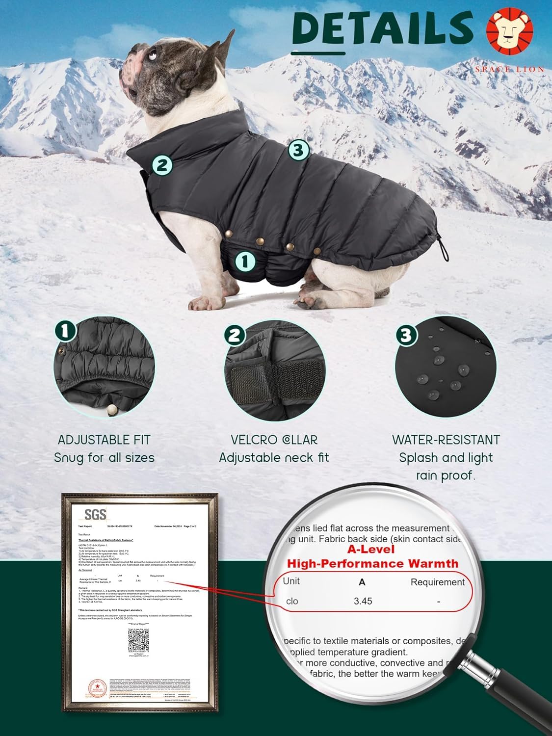 Space Lion chaleco down ajuste pecho: ajuste adaptable para diferentes formas