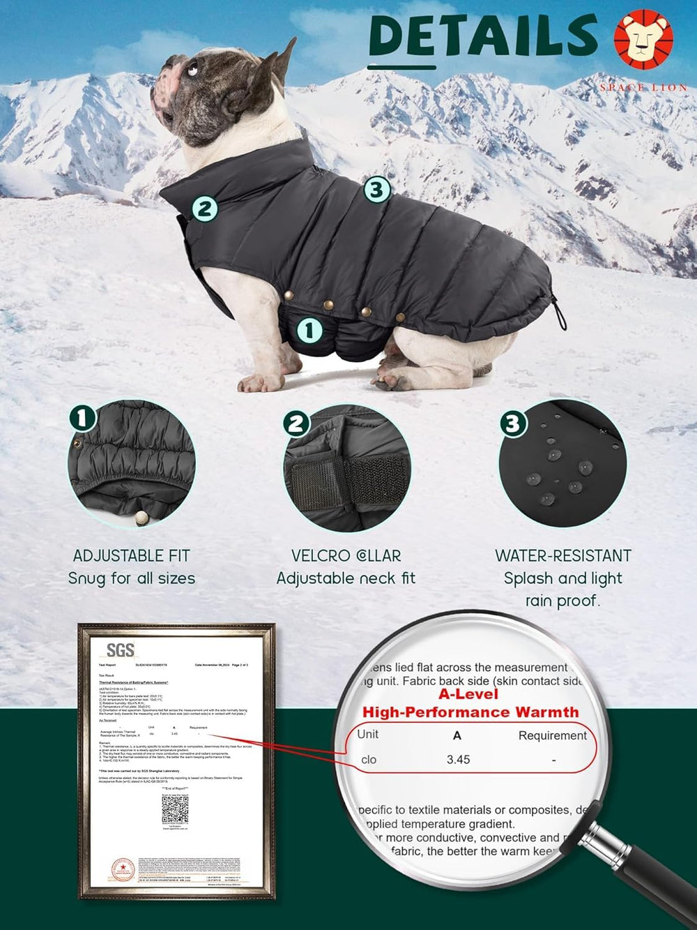 Space Lion chaleco down ajuste pecho: ajuste adaptable para diferentes formas