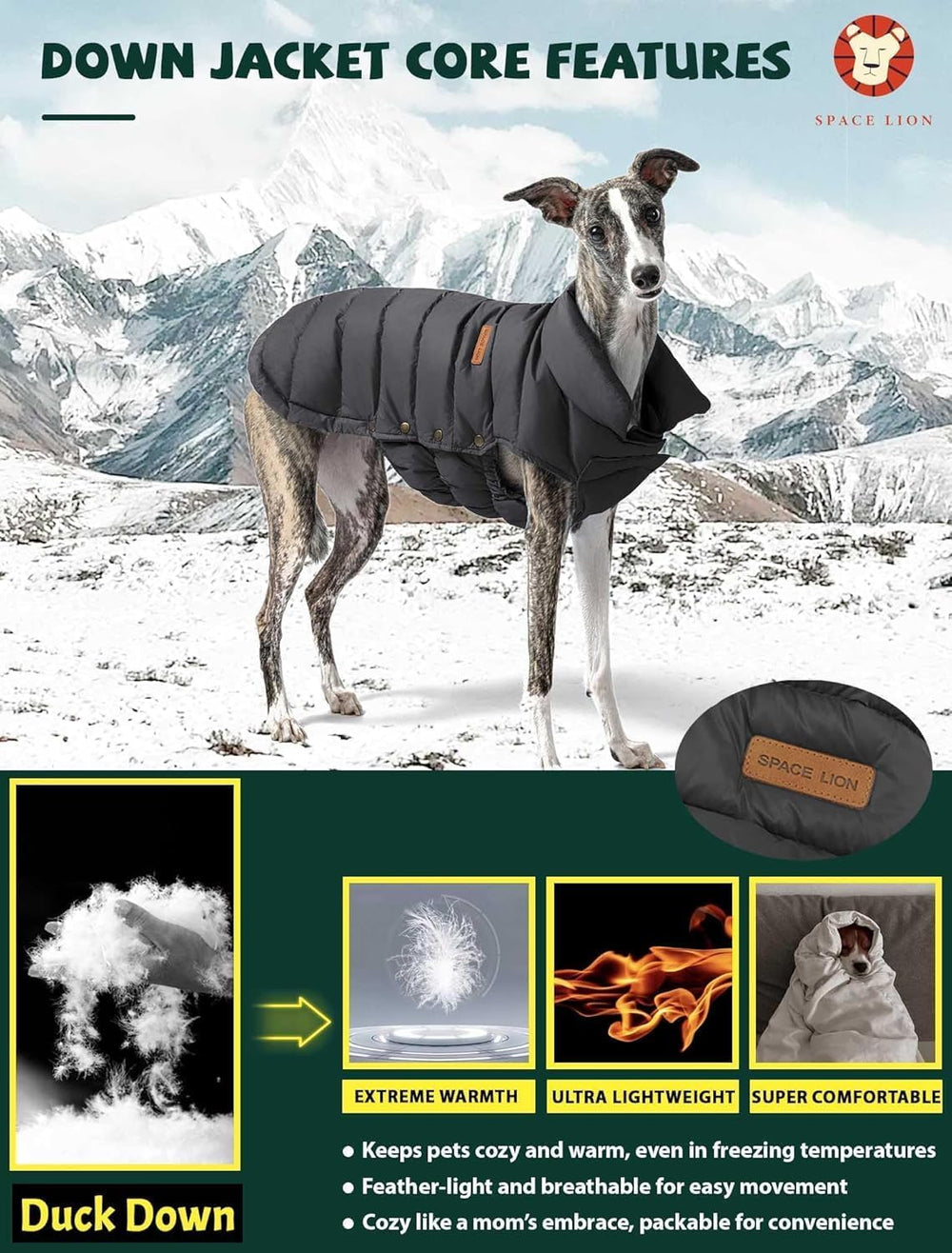 Space Lion chaleco perro invierno dorso: protección contra viento y humedad