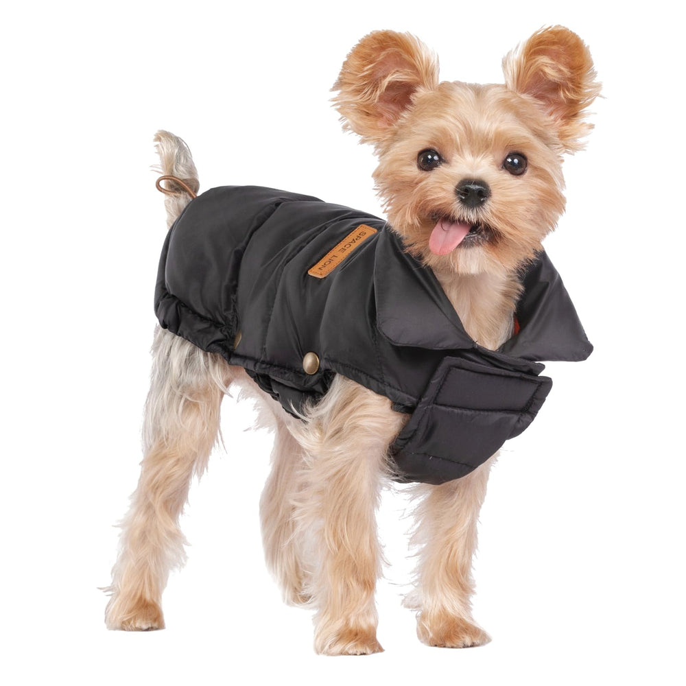 Space Lion chaqueta acolchada para perros vista frontal mantiene el calor en días fríos