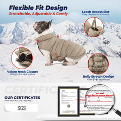 SPACE LION chaqueta puffer para perro con aberturas de patas para libertad de movimiento.