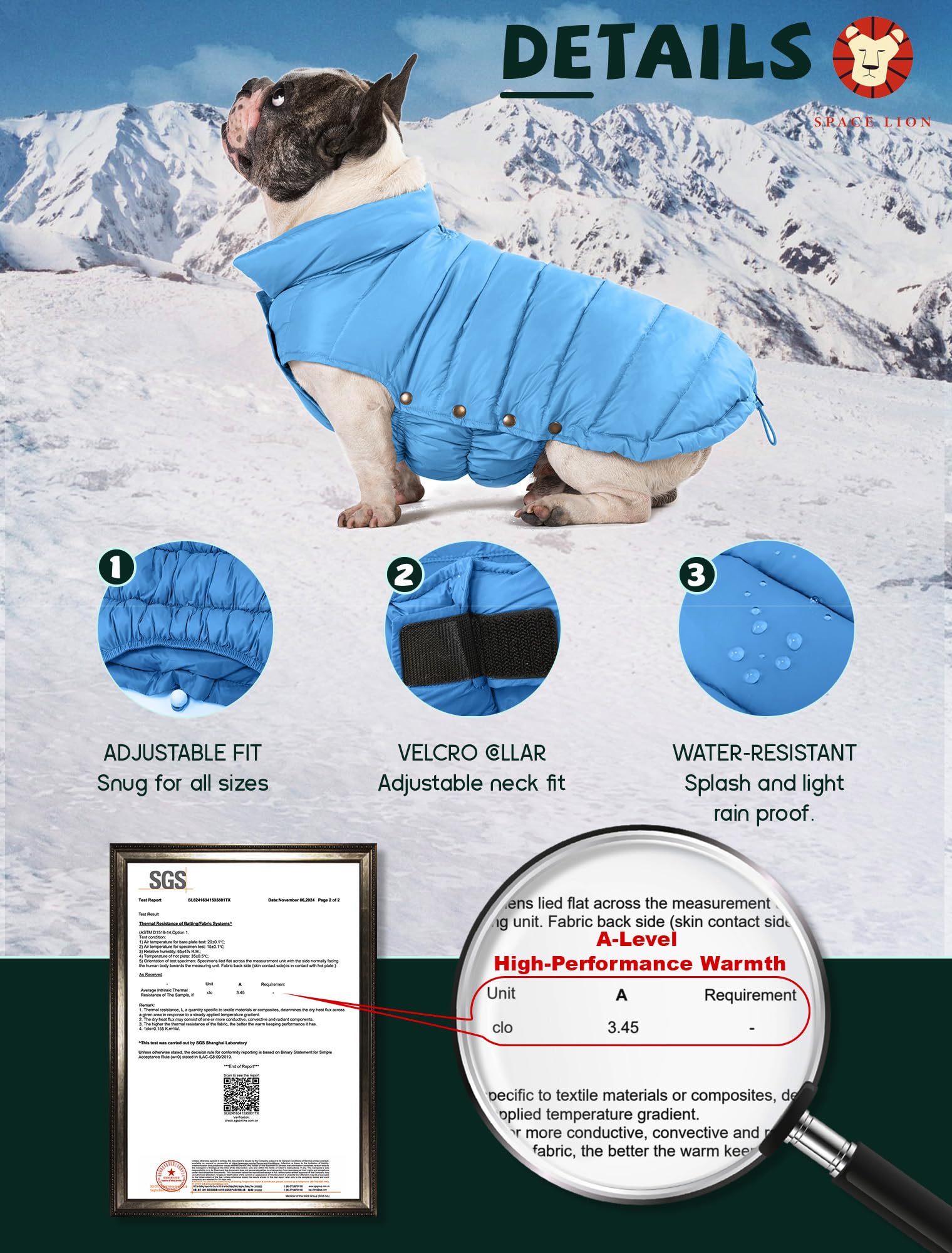 Detalle de cierre y Velcro en cuello de SPACE LION para ajuste seguro.