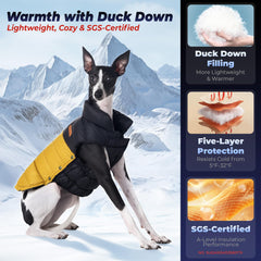 SPACE LION chaqueta puffer para perro, vista posterior, protección contra el viento.