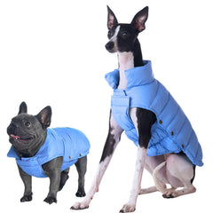 SPACE LION chaqueta puffer para perro, vista frontal, mantiene al perro abrigado.