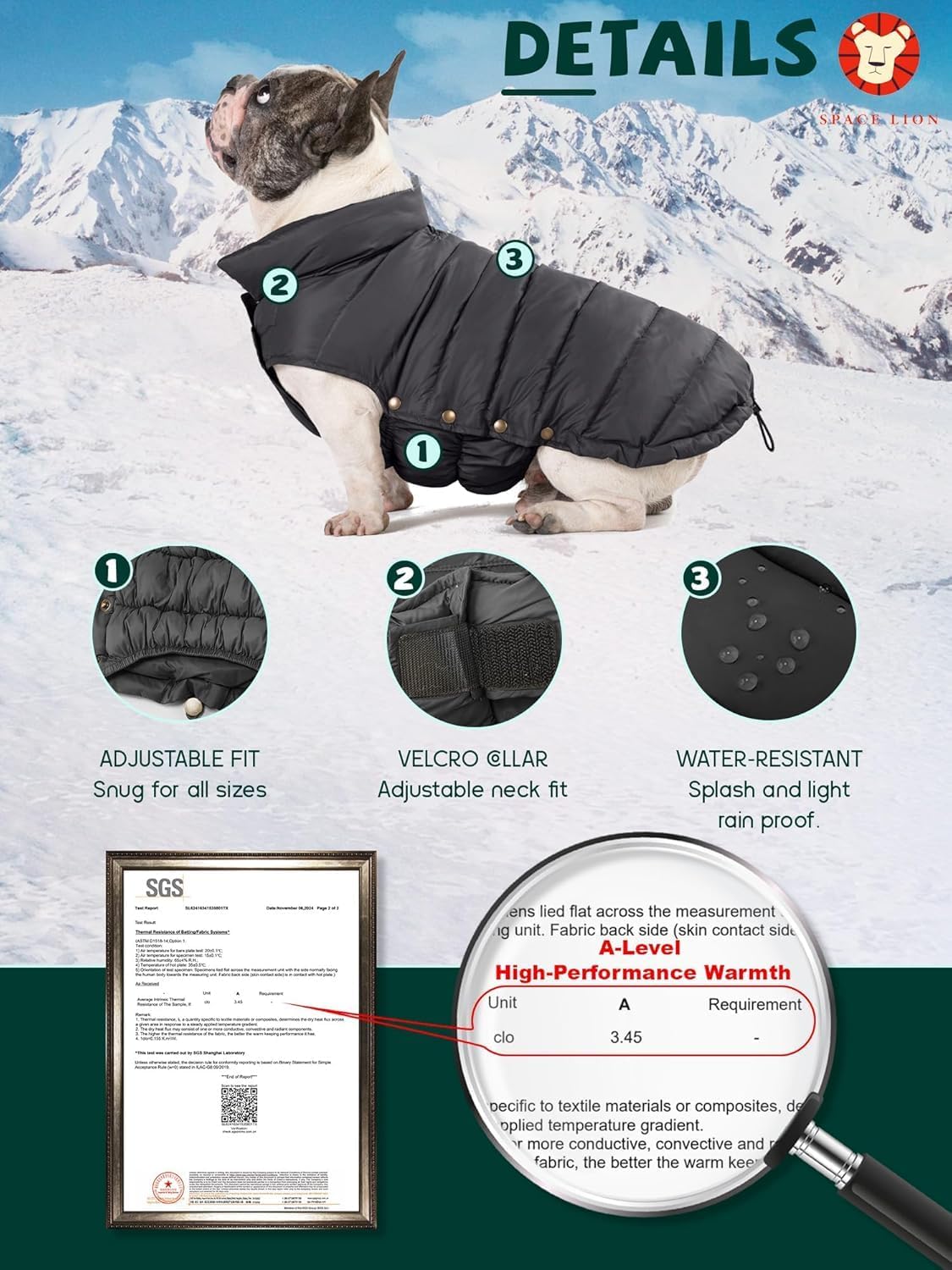 SPACE LION cierre pecho ajustable para diferentes pechos caninos.