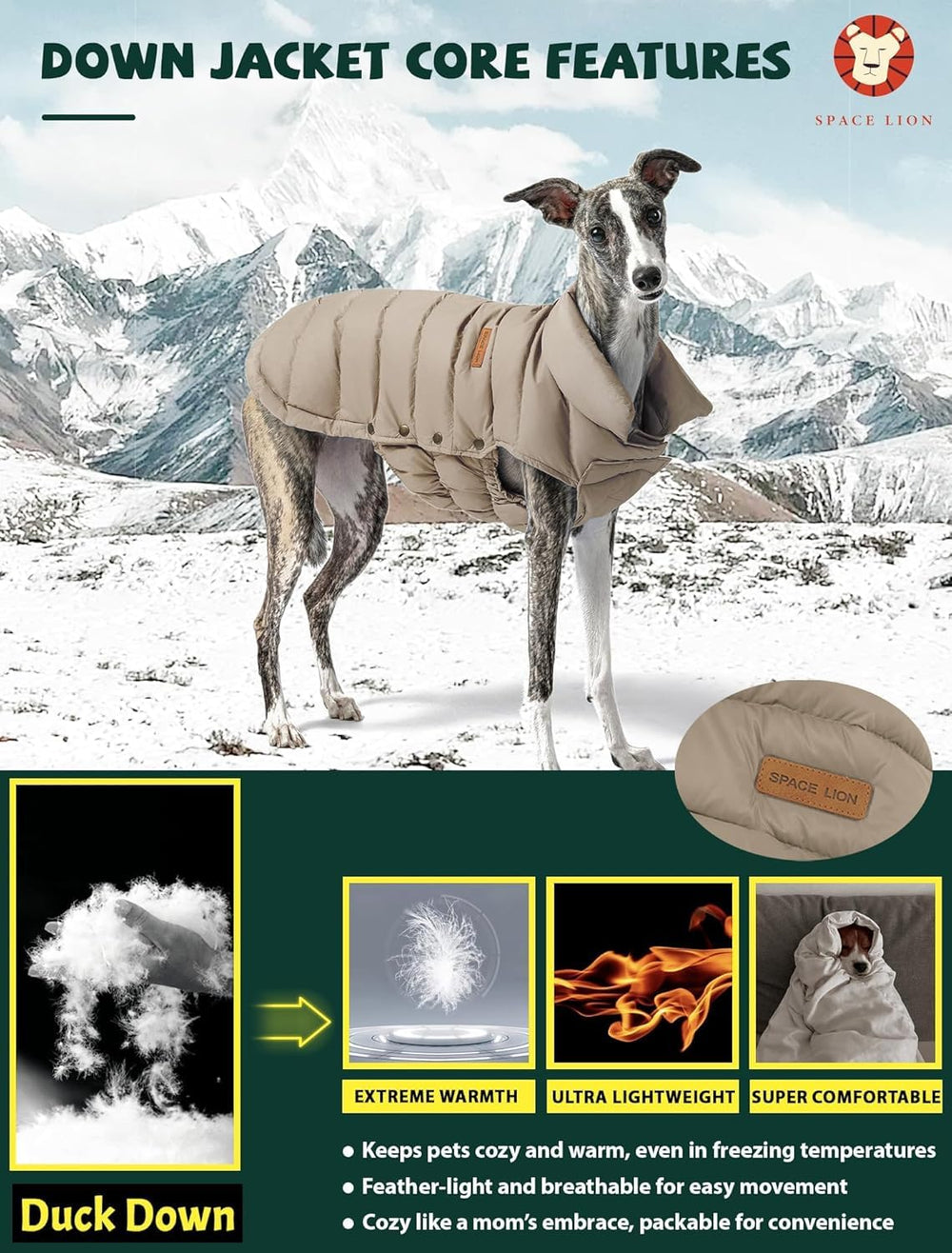 SPACE LION dog puffer jacket back view highlighting full coverage for windy days