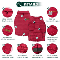 SPACE LION Dog Puffer Jacket detalle collar ajustable, adaptabilidad para cuellos gruesos.