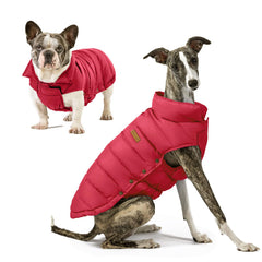 Space Lion Dog Puffer Jacket frente rojo, protege del frío durante paseos al aire libre.