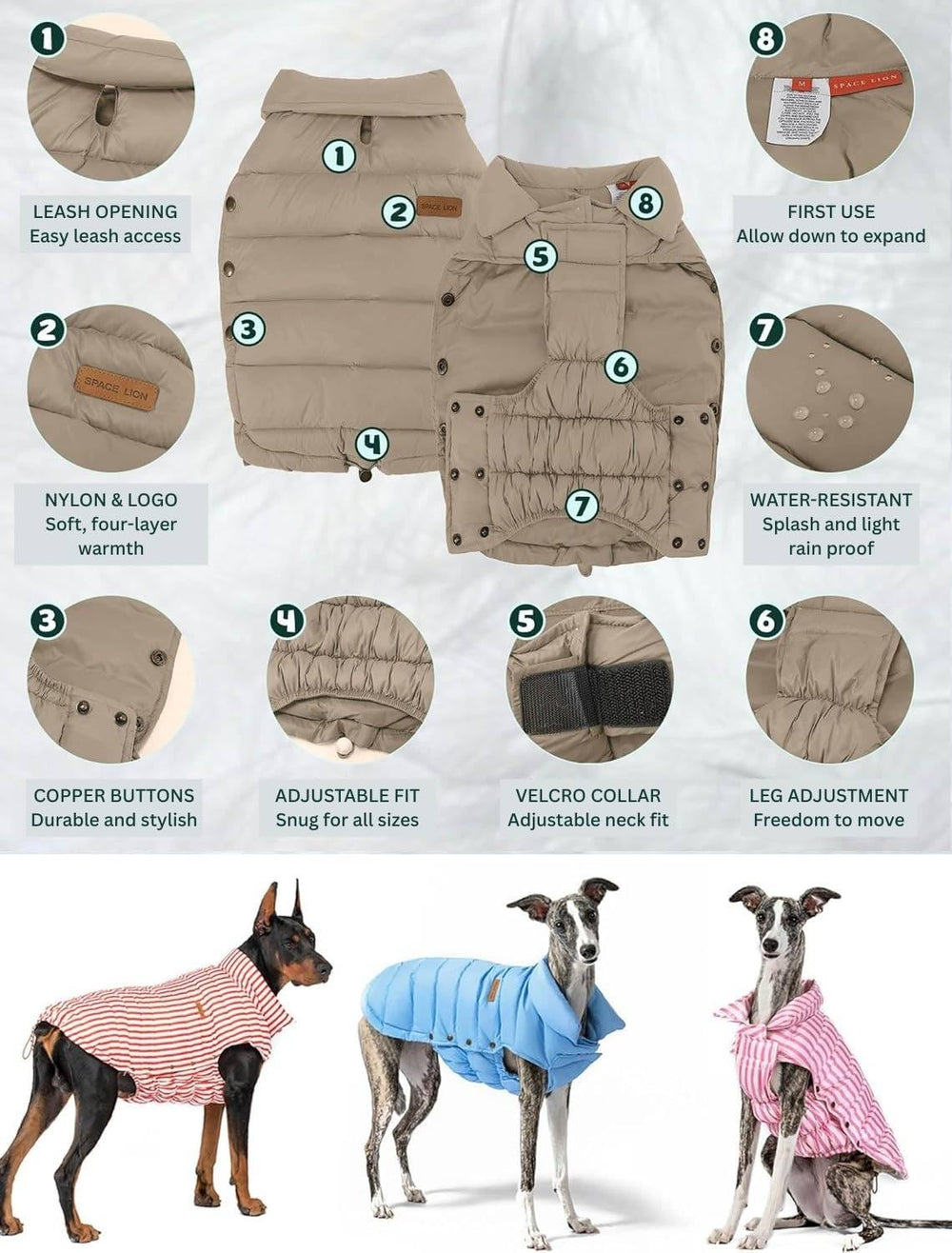 SPACE LION dog puffer jacket tail adjustment for customized length