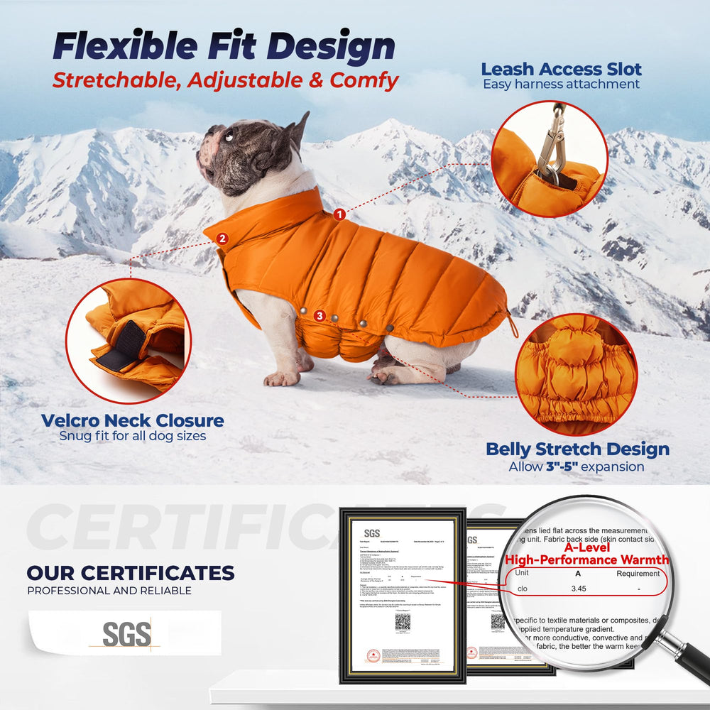 SPACE LION jaqueta puffer naranja, pecho adaptable para perros con pecho ancho.