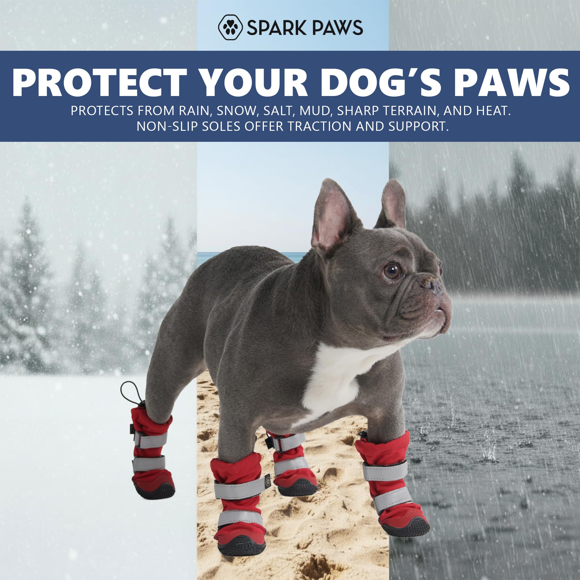 Spark Paws botas con tiras reflectantes, mayor visibilidad nocturna.