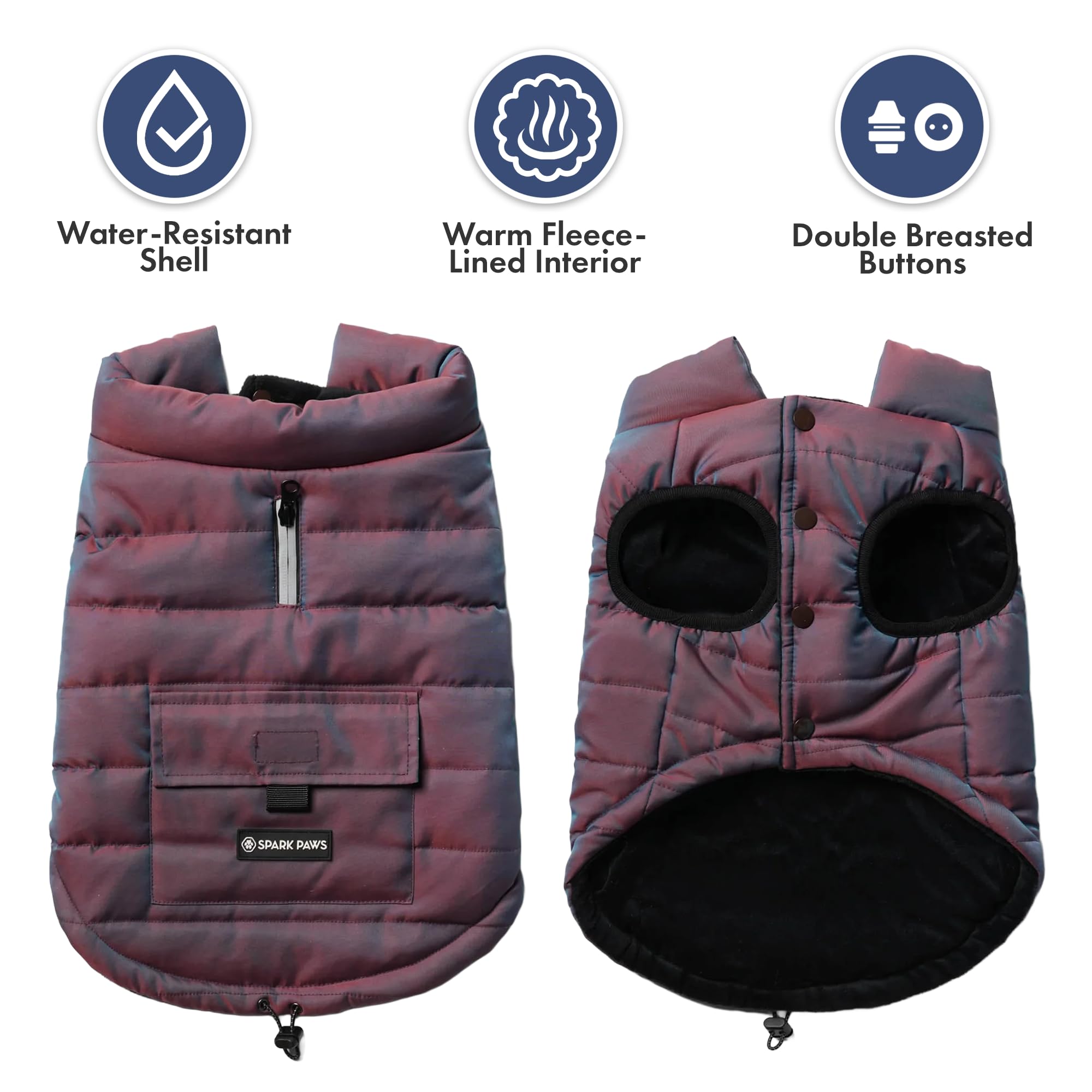 Vista lateral de Spark Paws Cosmic XL chaqueta, ajuste cómodo para razas grandes.