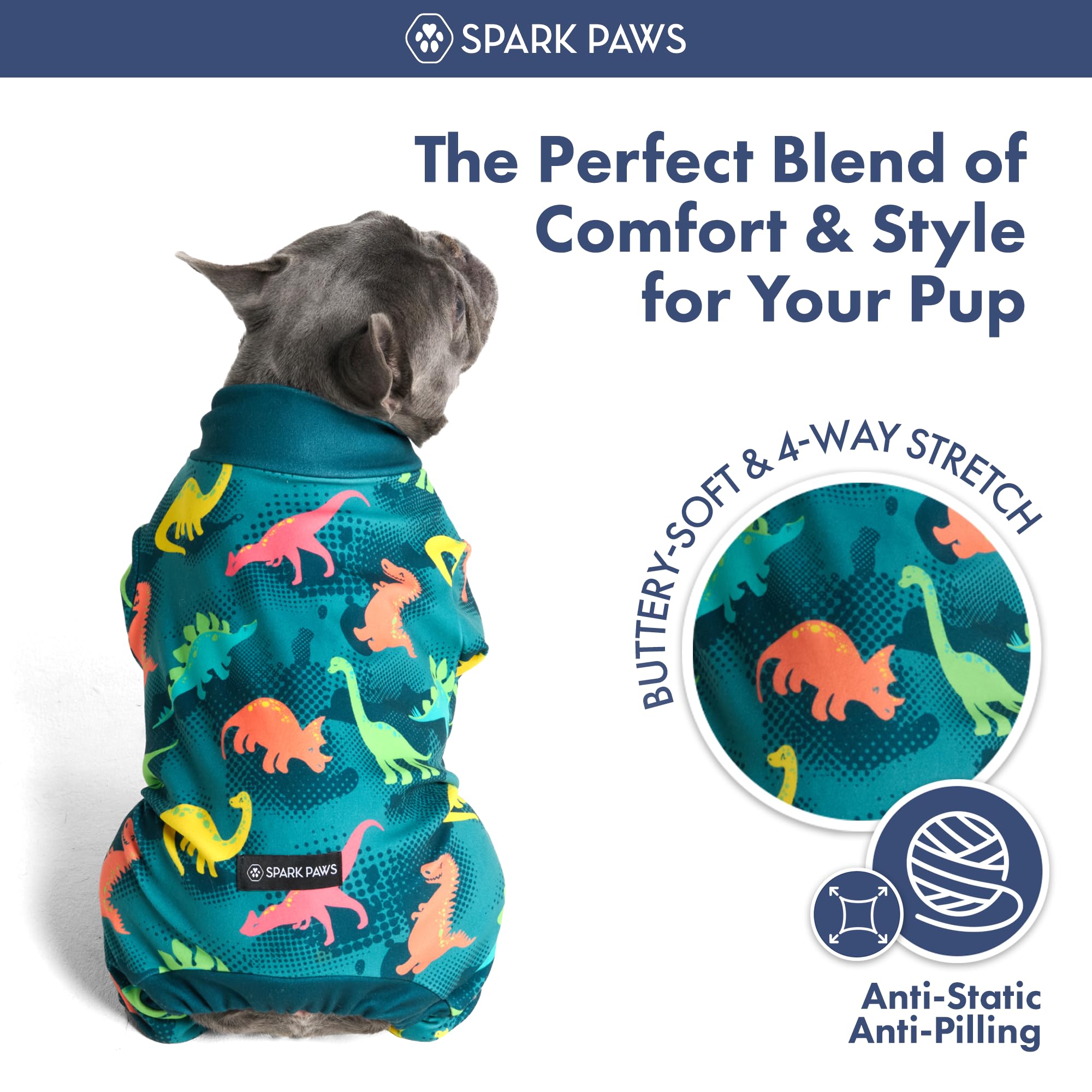 Spark Paws Pijama para perros, vista trasera, protección y calentamiento suave durante la noche