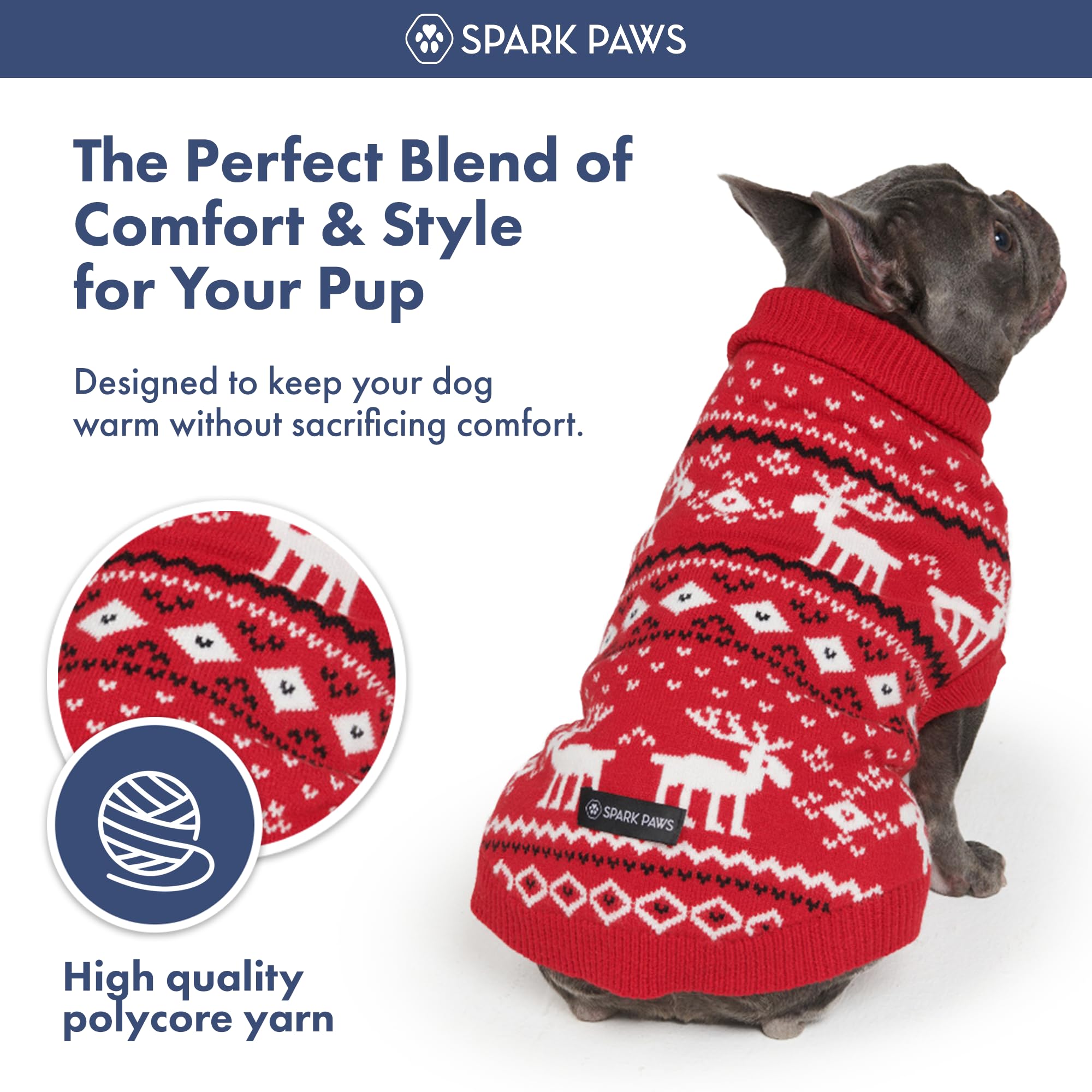 Spark Paws sudadera navidad para perros de diferentes tamaños en fotos festivas.