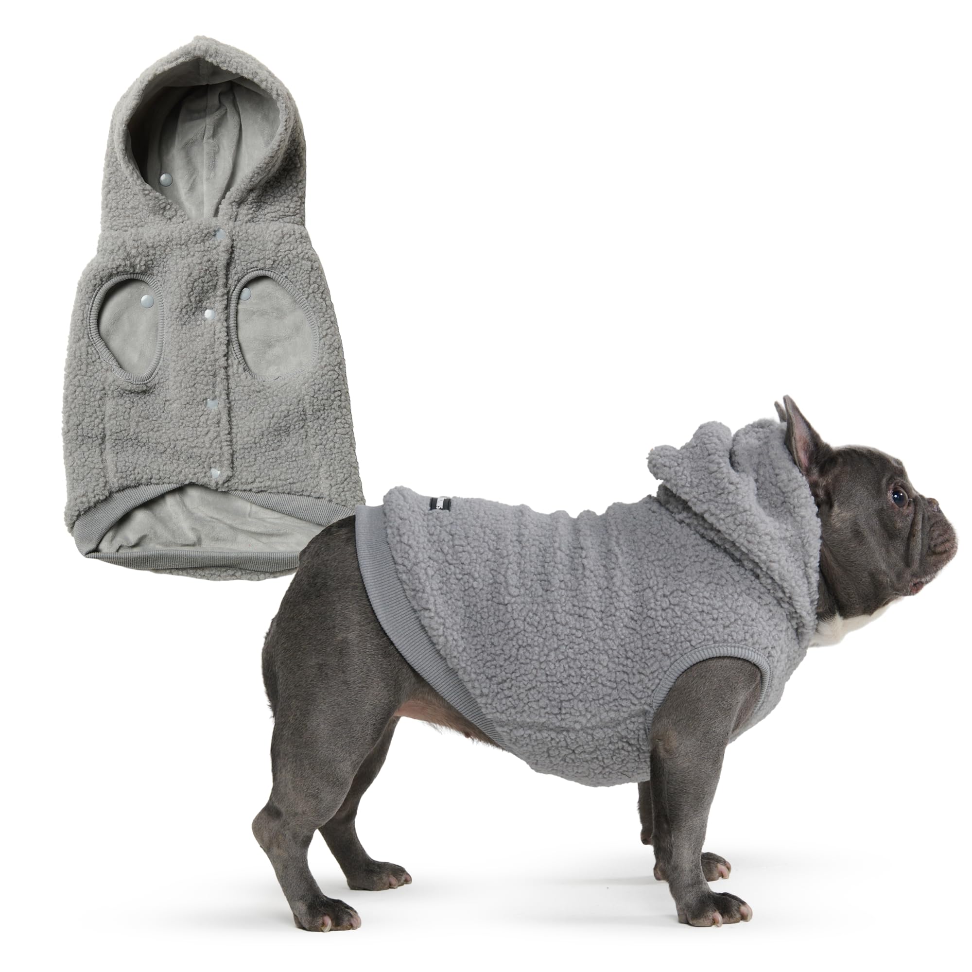 Spark Paws sudadera para perro con capucha en plata gris, ideal para paseos fríos.