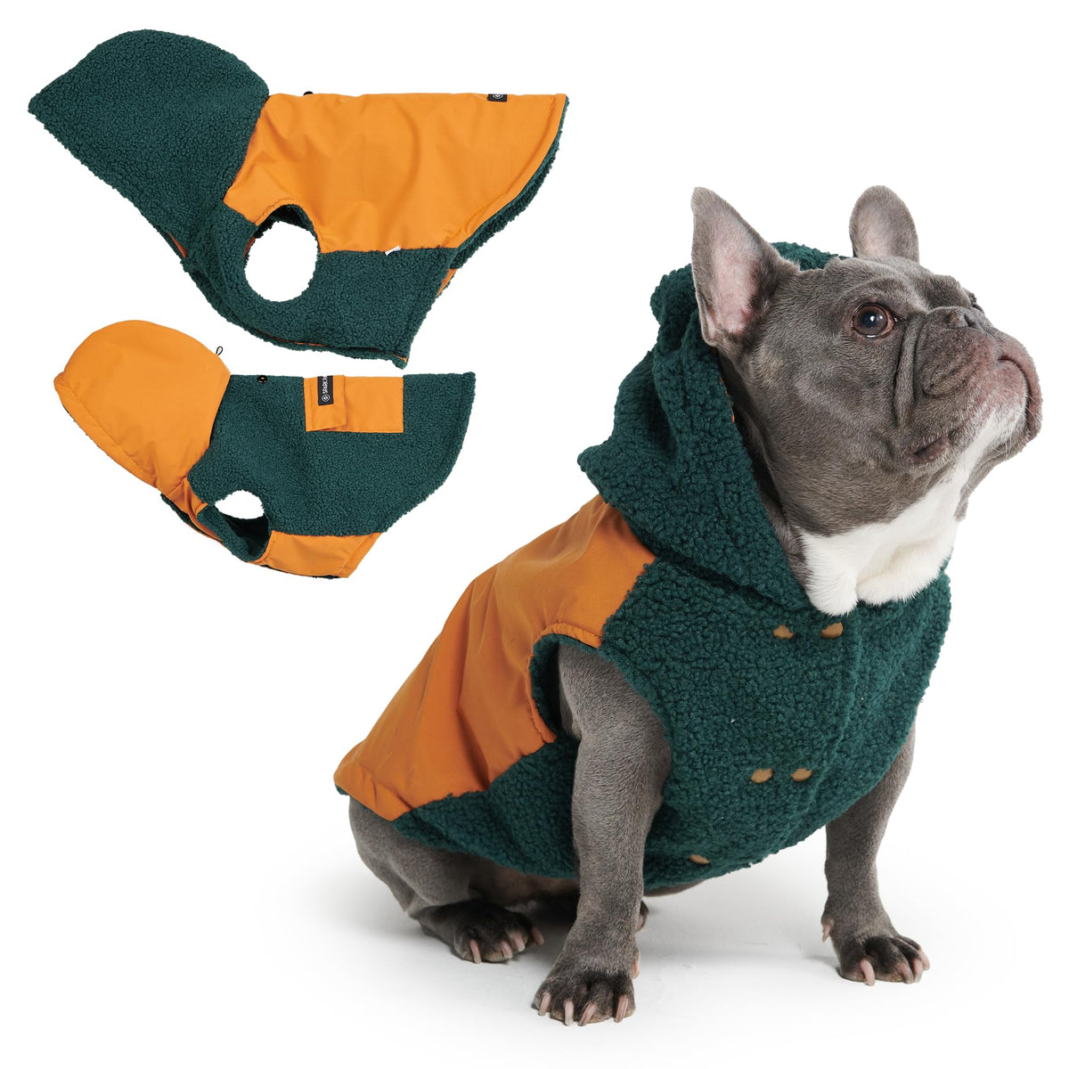 Spark Paws sudadera reversible, vista frontal, mantiene al perro cálido en paseos.