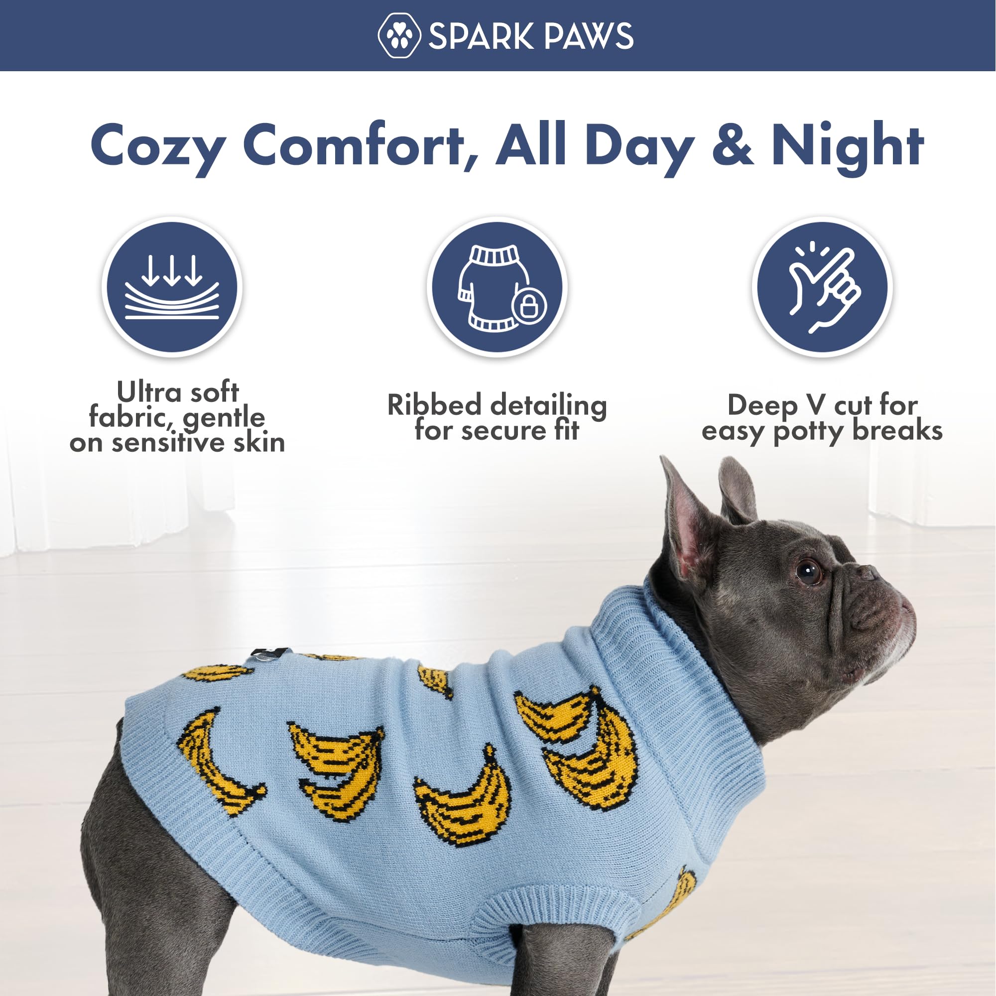 Spark Paws sueter tallas ajustables, vista frontal, ideal para perros de varios tamaños.
