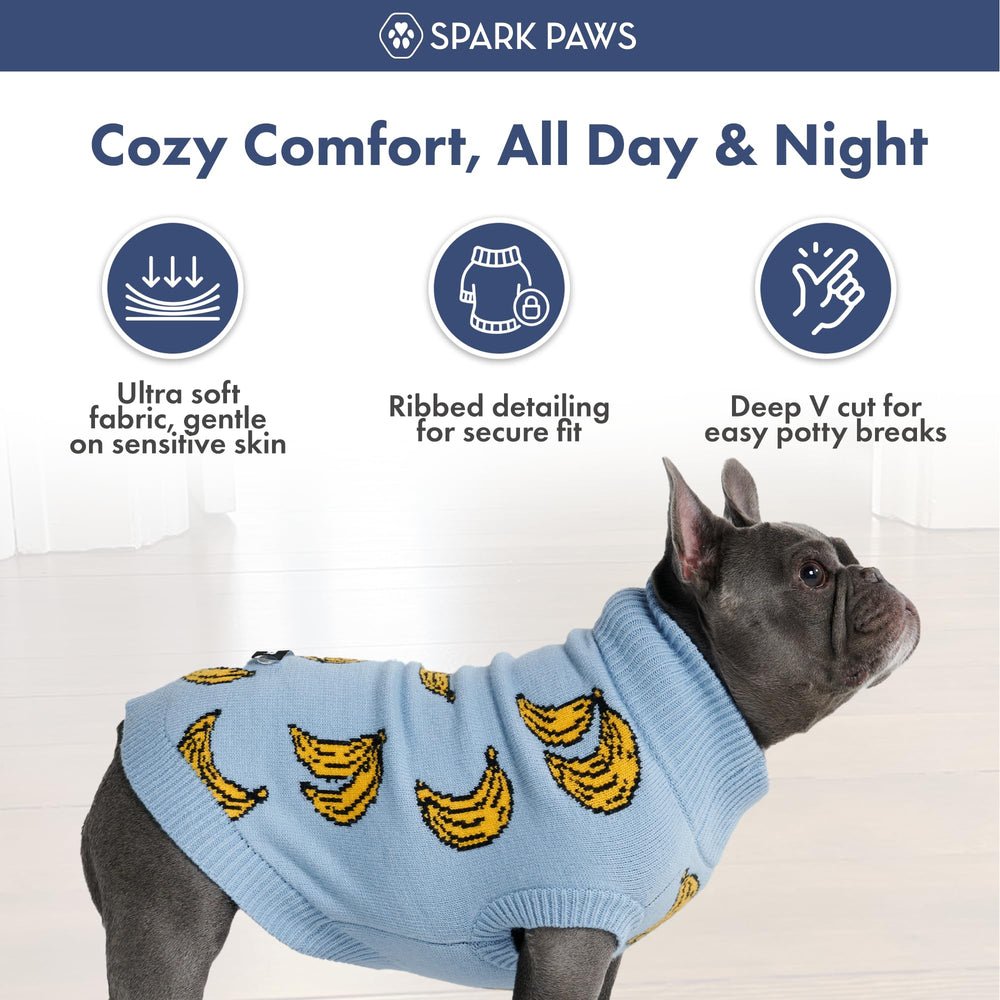 Spark Paws sueter tallas ajustables, vista frontal, ideal para perros de varios tamaños.
