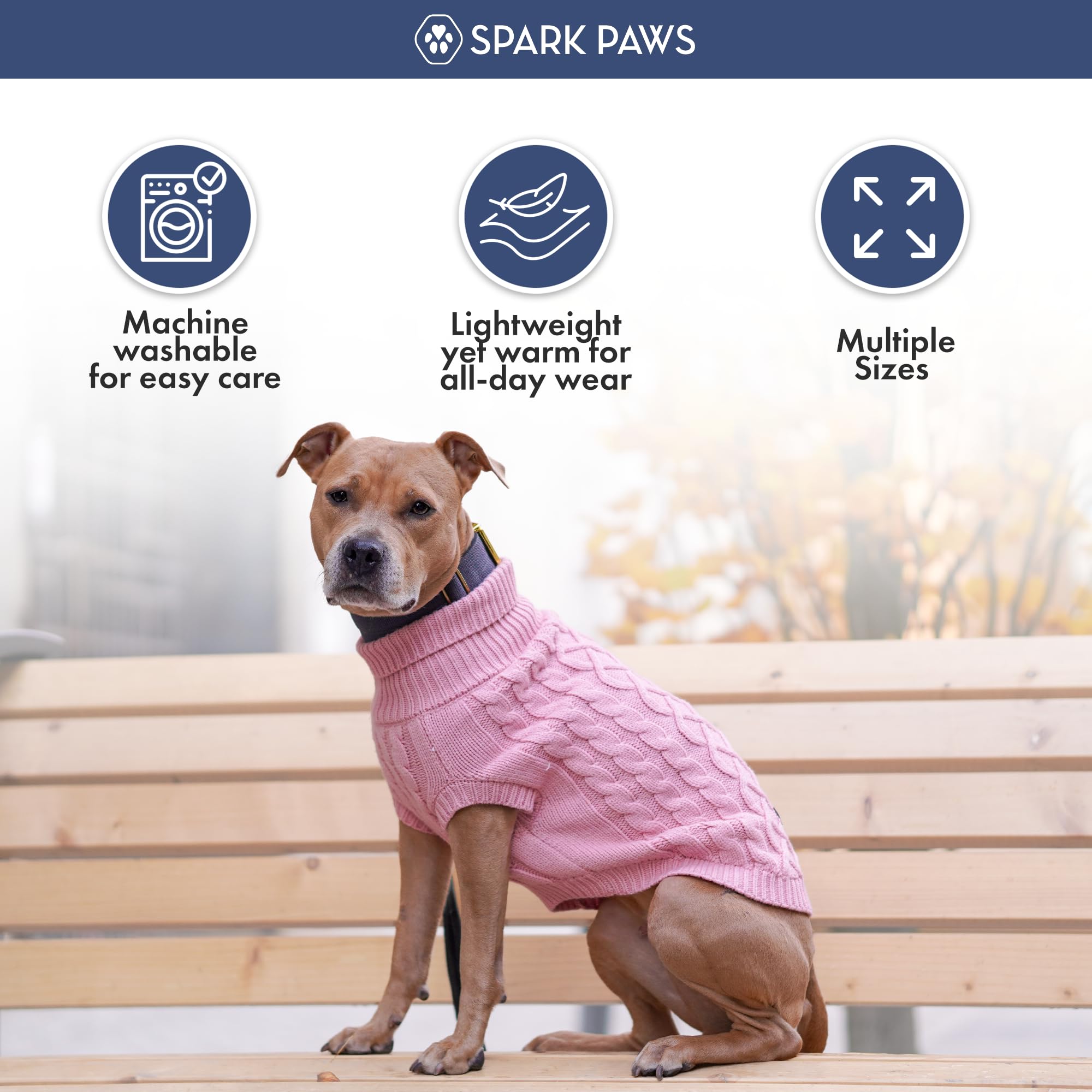 Spark Paws suéter rosa con cableknit, detalle cuello elástico.