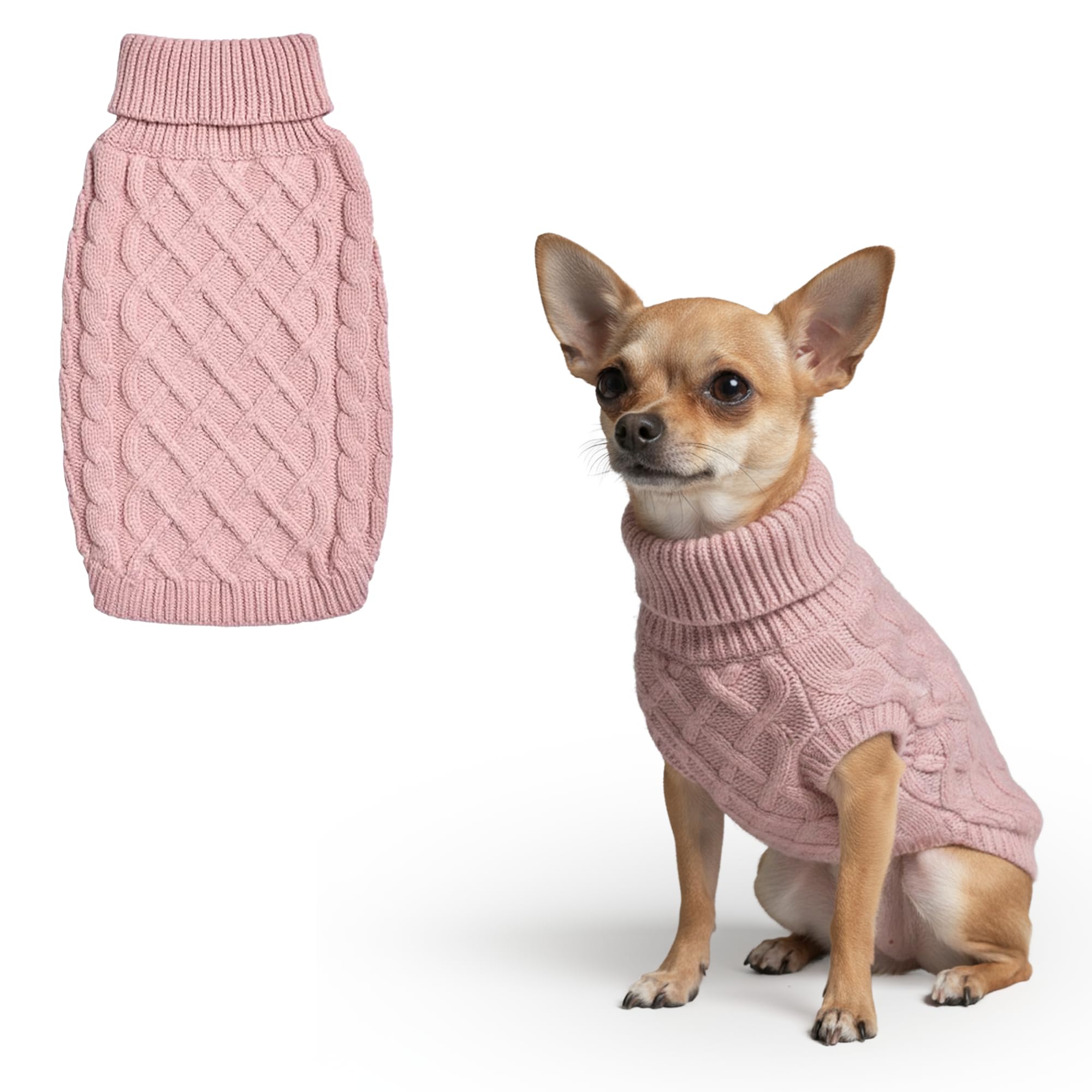 Spark Paws suéter rosa con cableknit, frente suave y cálido para paseos.