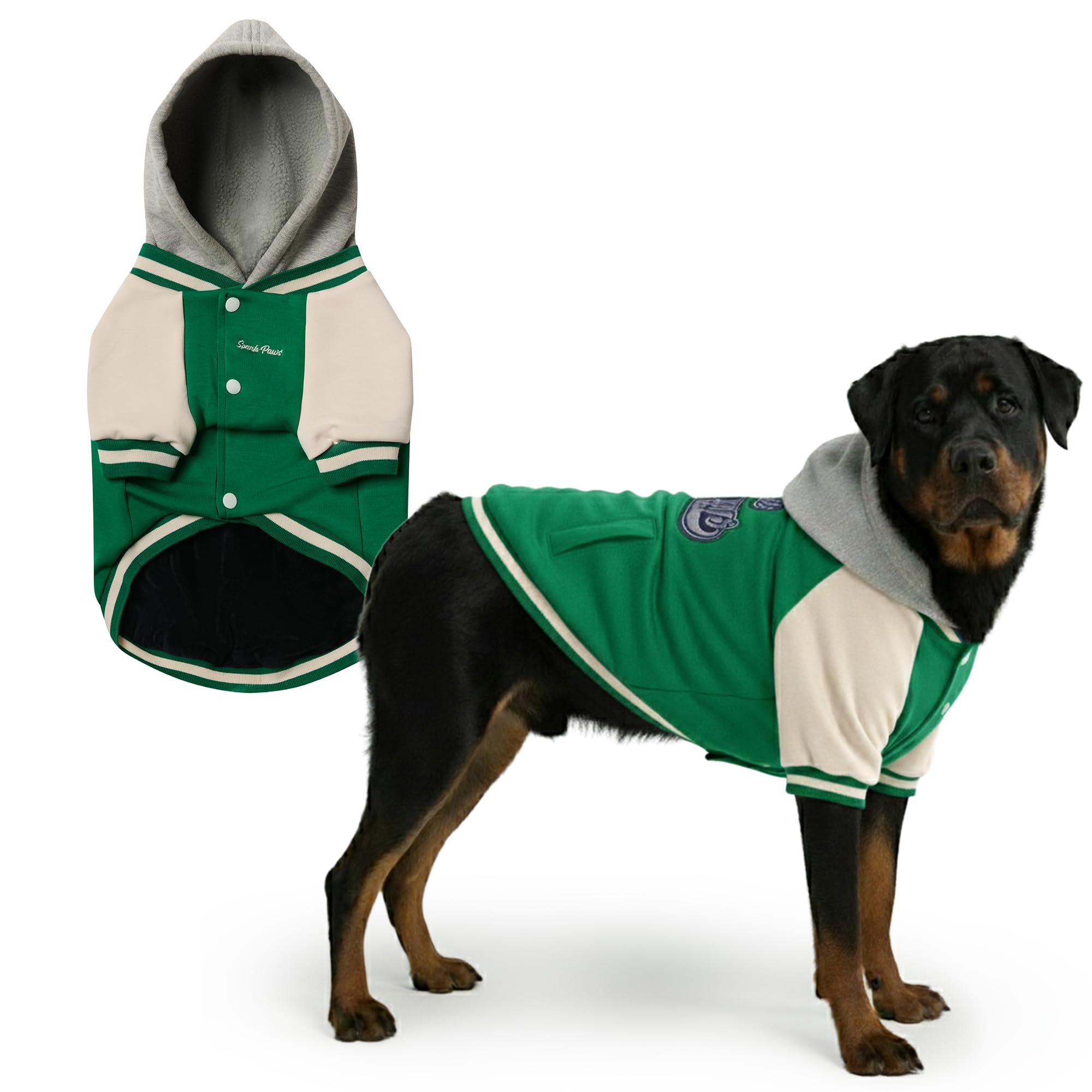 Spark Paws Varsity Dog Sweater, frente doble botonera para un look moderno y cómodo.