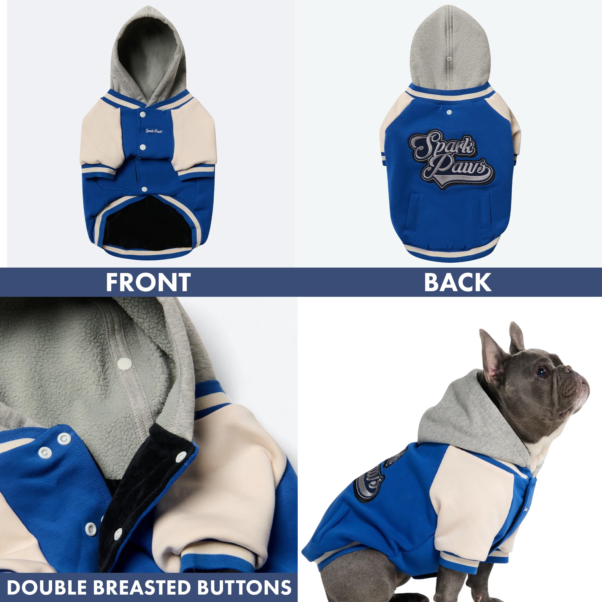Spark Paws Varsity: sudadera azul para uso diario y paseos.