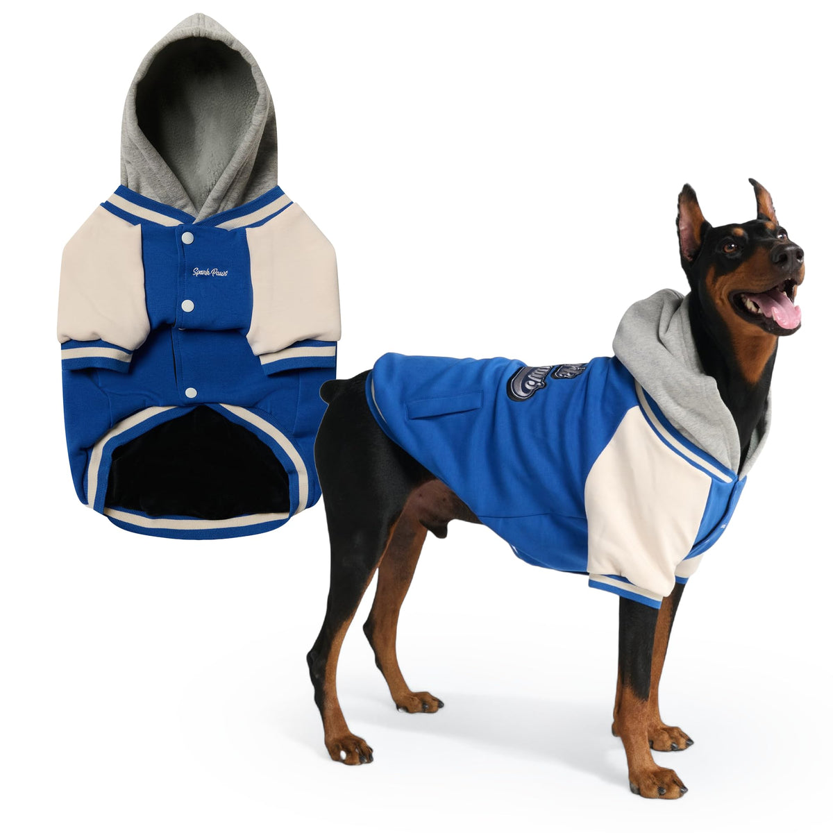 Spark Paws Varsity: detalle de doble botonadura y capucha falsa para un look moderno y cómodo.