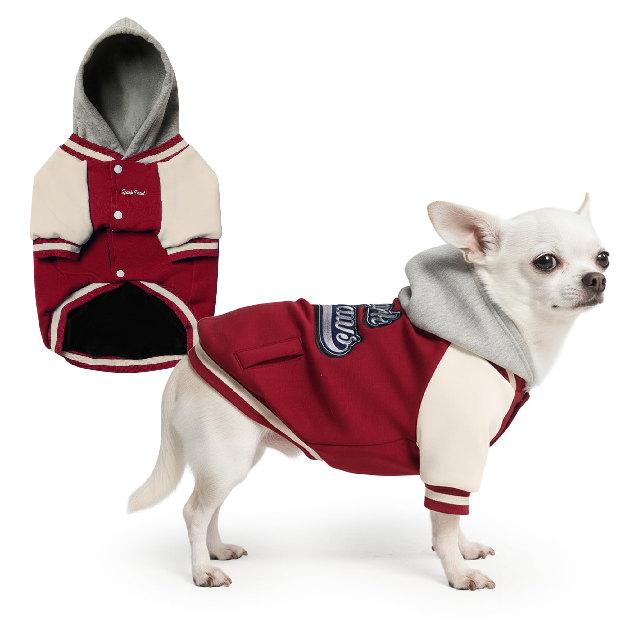 Spark Paws Varsity Sweater, vista frontal en rojo, estilo y comodidad diaria.