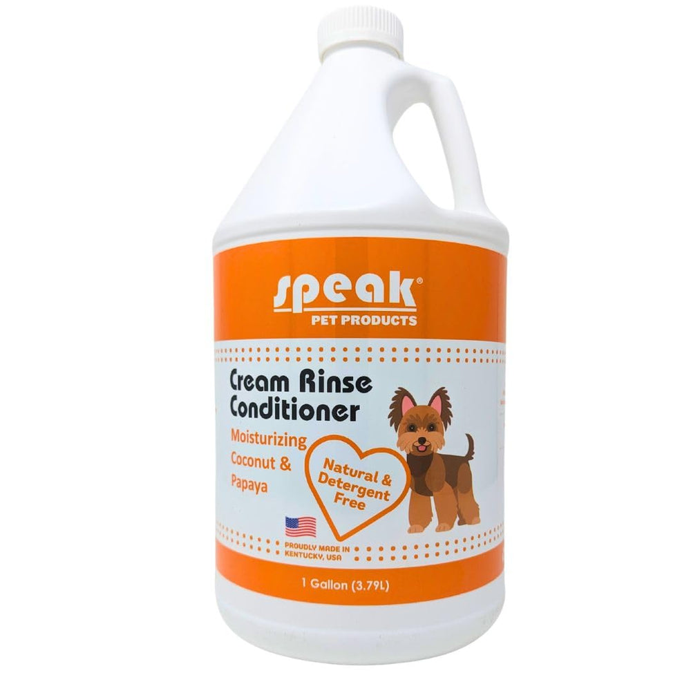 Speak Pet Products crema enjuague Coco Papaya en botella para un pelaje suave.