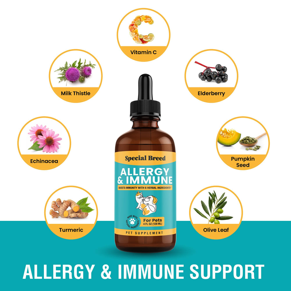 Special Breed Allergy & Immune, etiqueta clara con información de uso seguro.