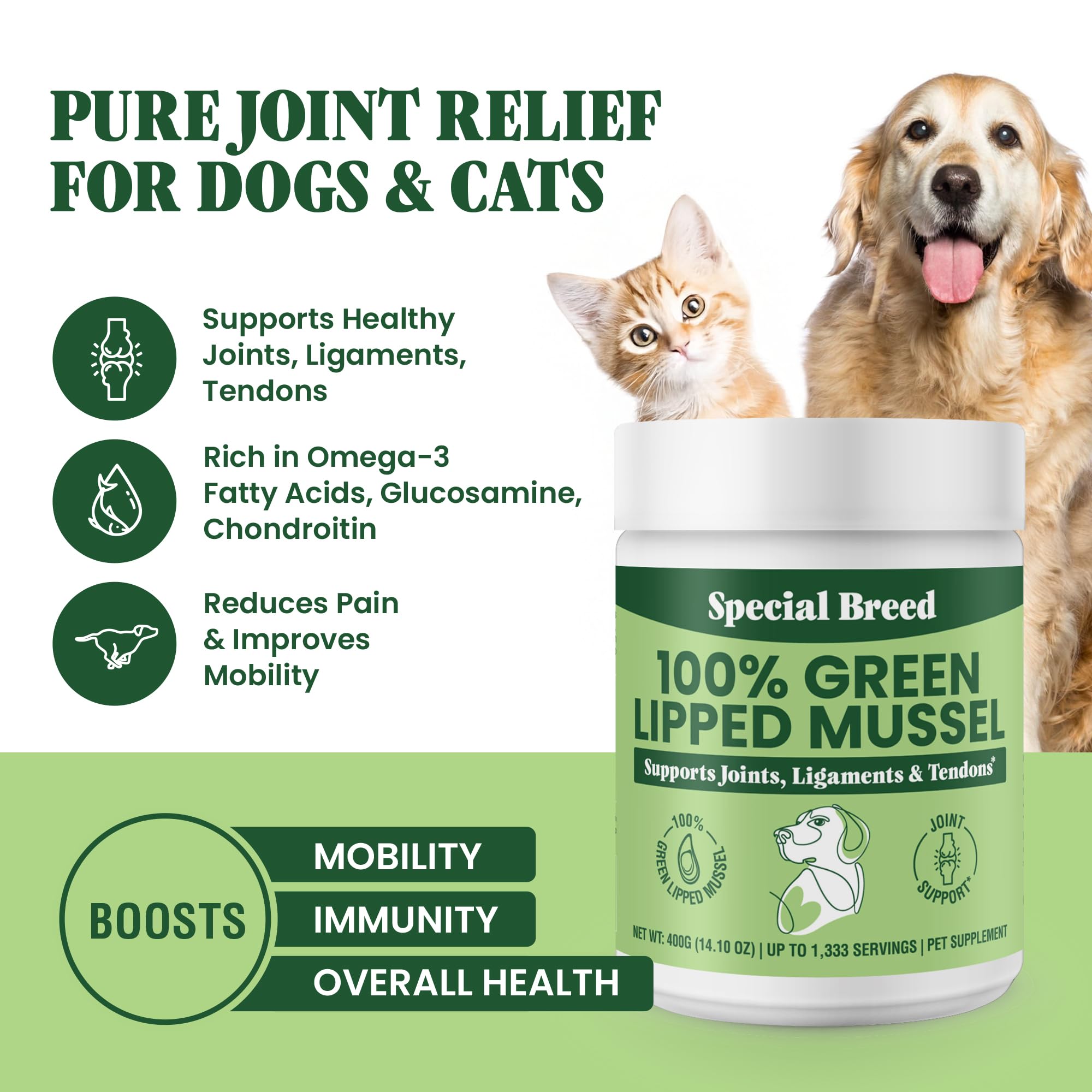 Special Breed mejillón verde para perros: se mezcla fácilmente en la comida para un día activo.
