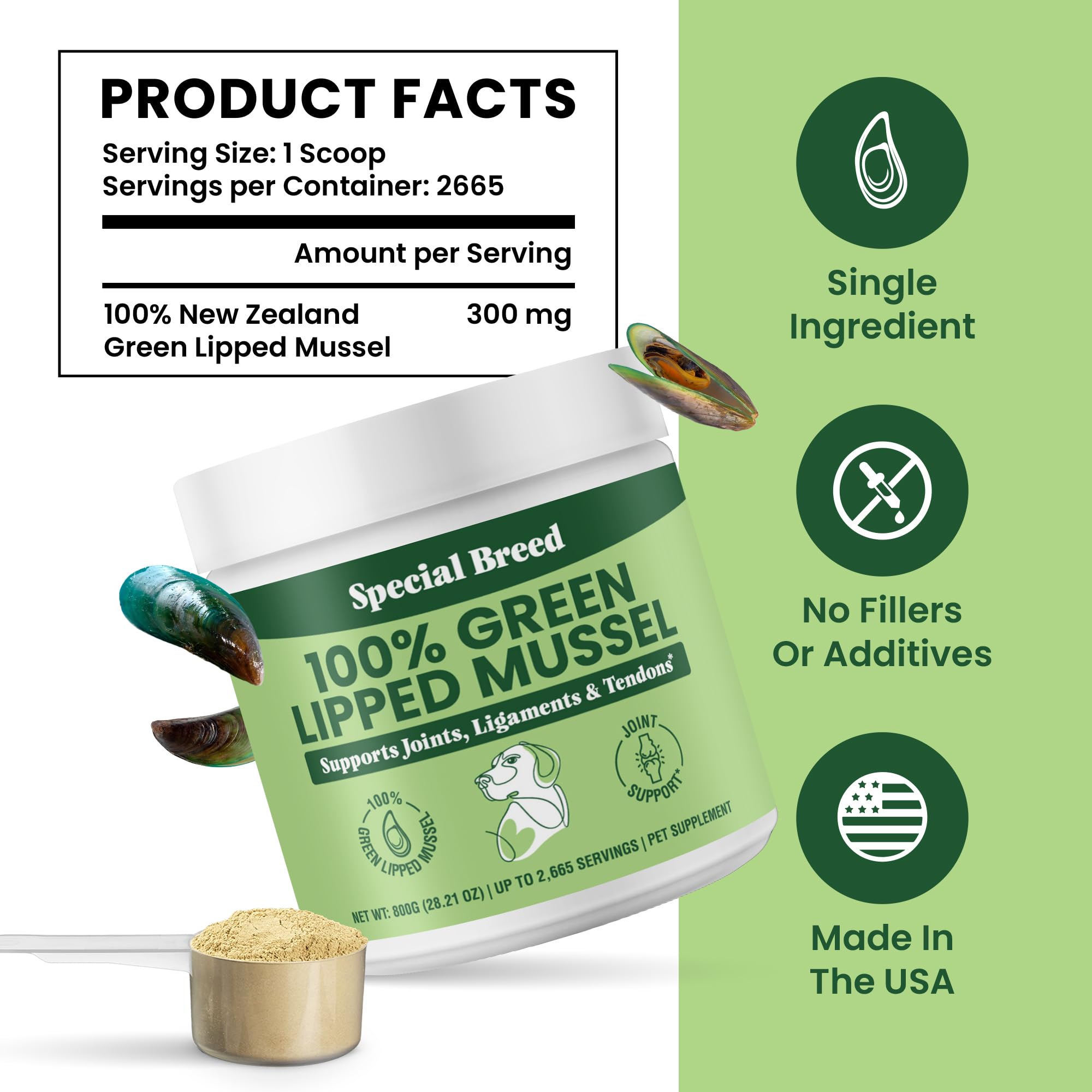 Special Breed polvo mejillón labios verdes, dosificación fácil con taza de medición.