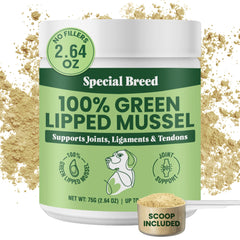 Special Breed polvo mejillón verde 75 g en frasco para articulaciones de perros y gatos.