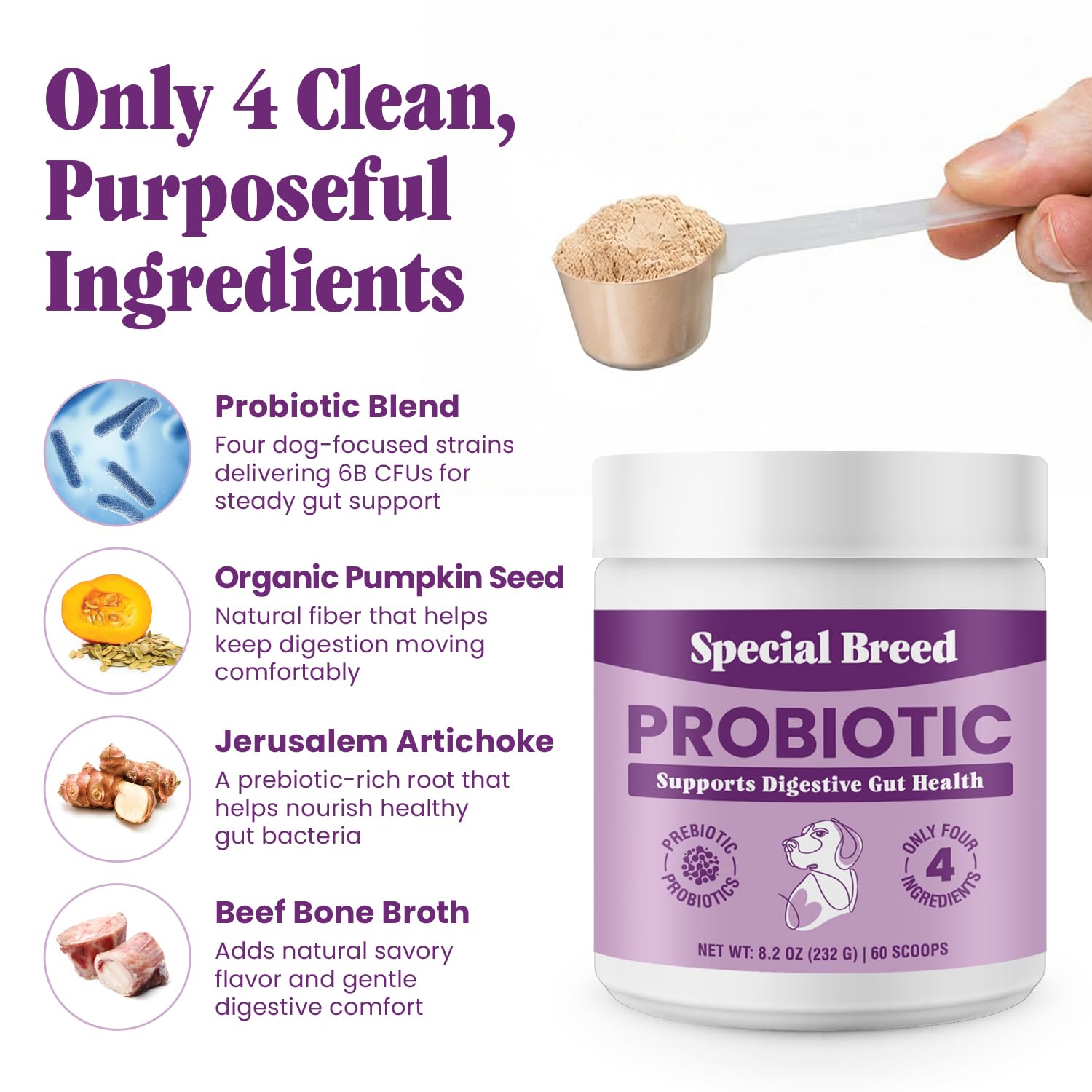 Special Breed Probiotics, frasco con etiqueta clara para una rutina diaria en perros.